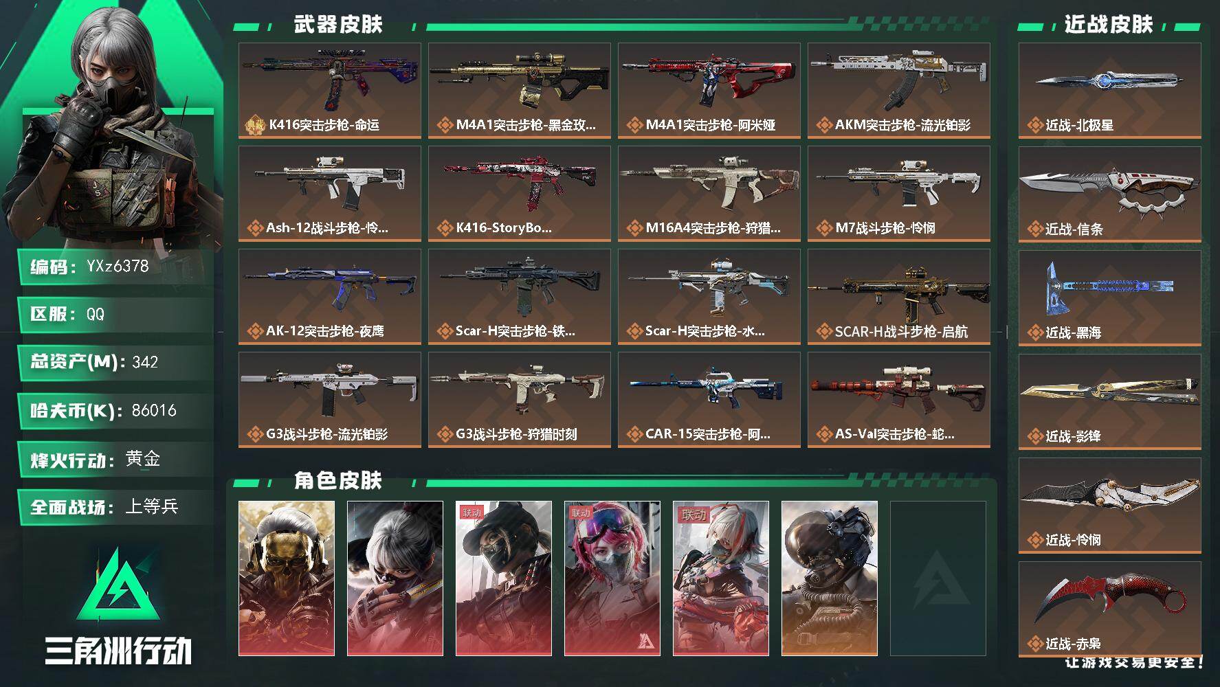 三角洲行动账号QQ【极品毕业号-高氪金土豪号-高额资产342M-满红皮+满刀皮+飞虎+K416突击步枪-命运（优品C）