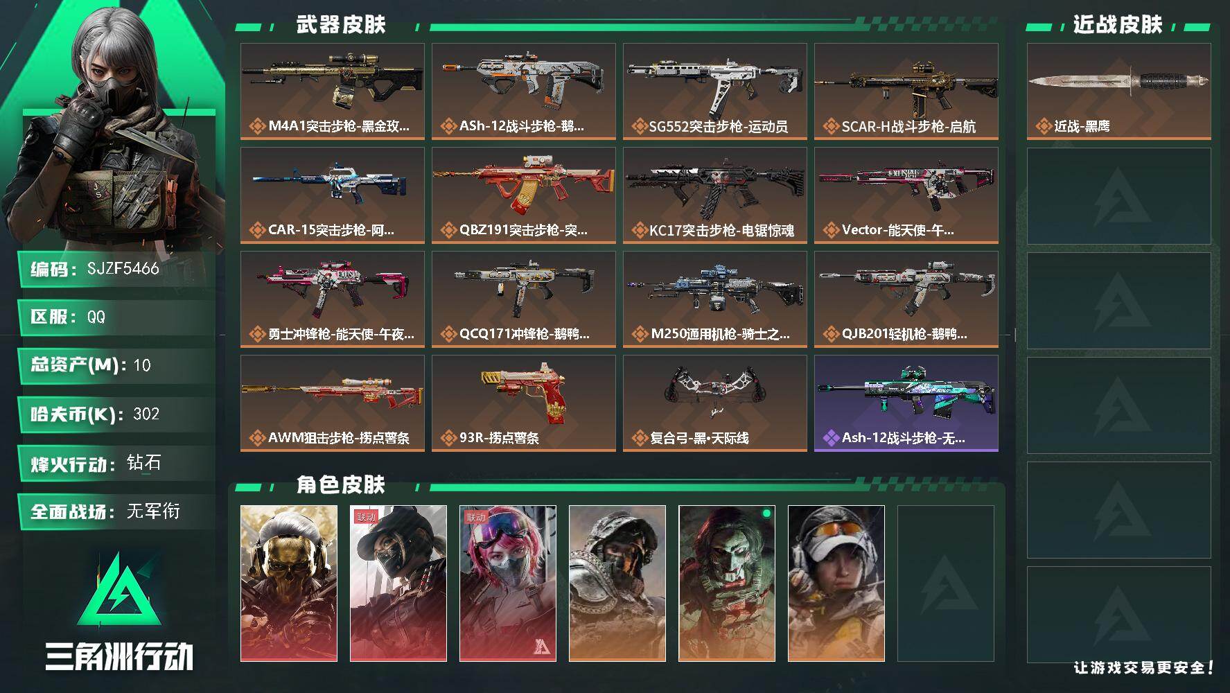 三角洲行动账号QQ【SJZF5466】总资产(M)：10M/哈夫币(K)：302K/哈夫币(K)：302K/传说枪皮数