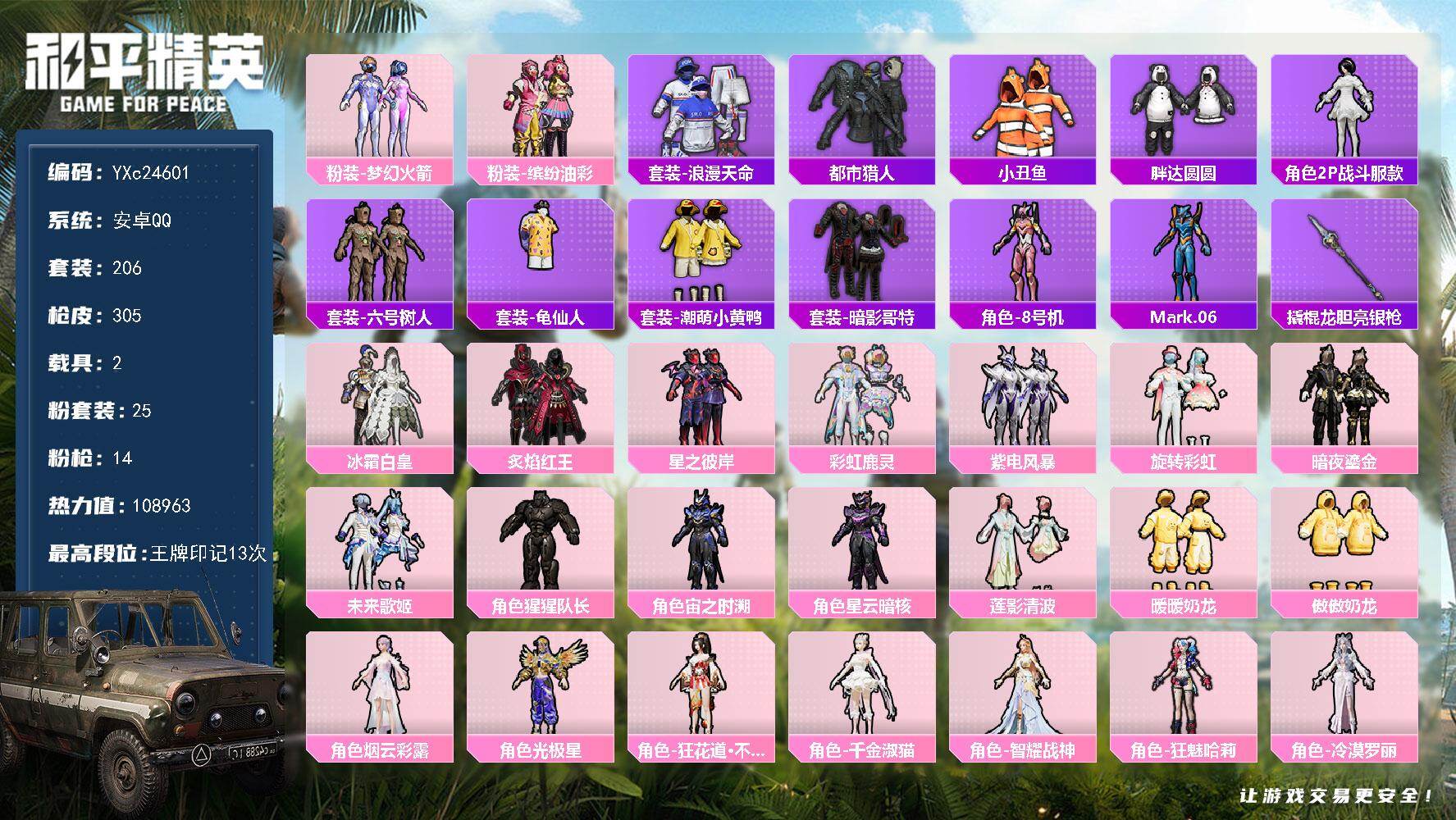 和平精英账号安卓QQ2载具-206套装-305枪皮-【都市 新101 智耀战神 猪妹 6级M4灵猫 猫鞋 胖达 哥特 满