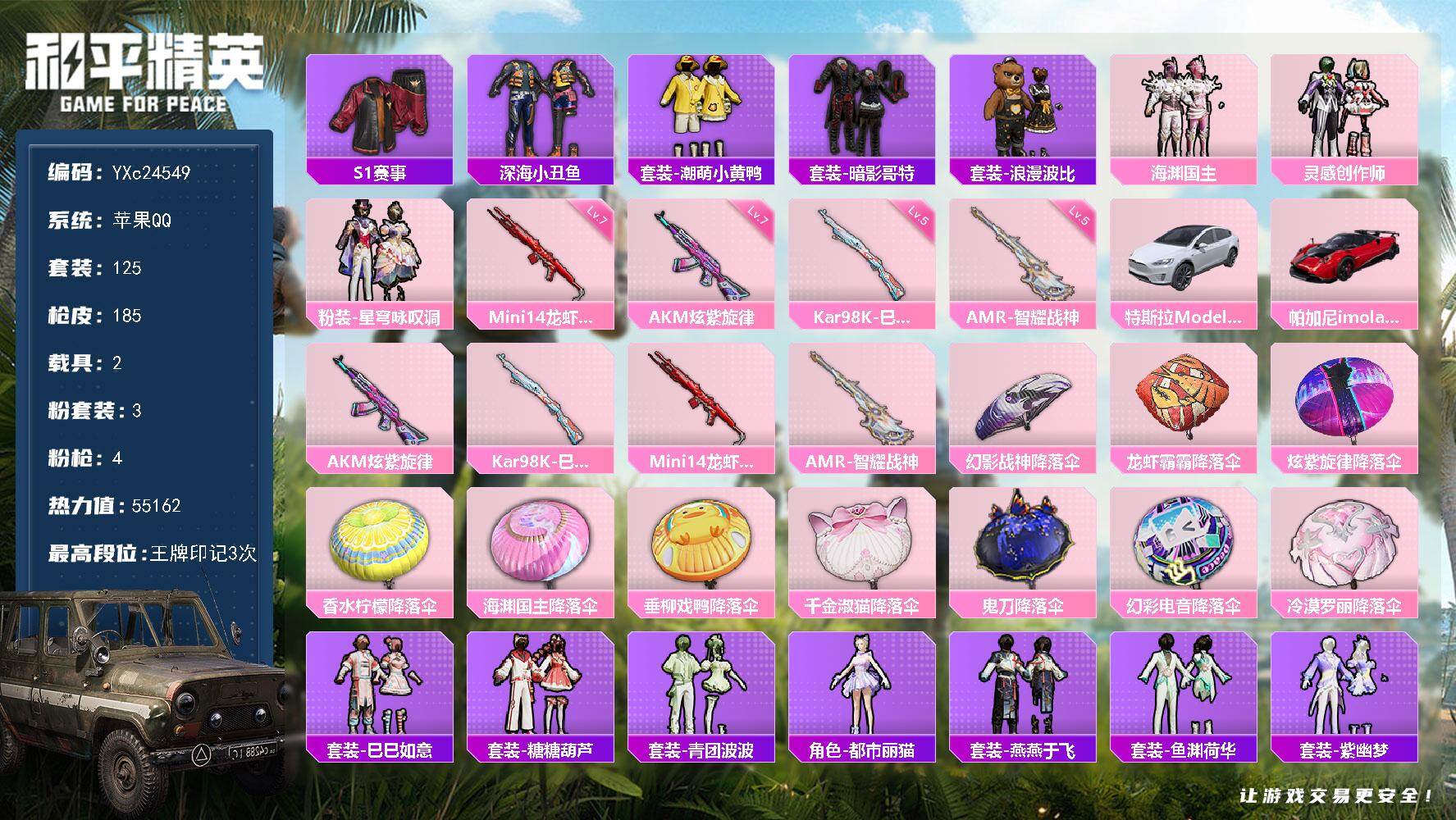 和平精英账号苹果QQ2载具-125套装-185枪皮-【S1赛事全套 哥特 满地铁天赋】YXc24549-【无二次协助处理