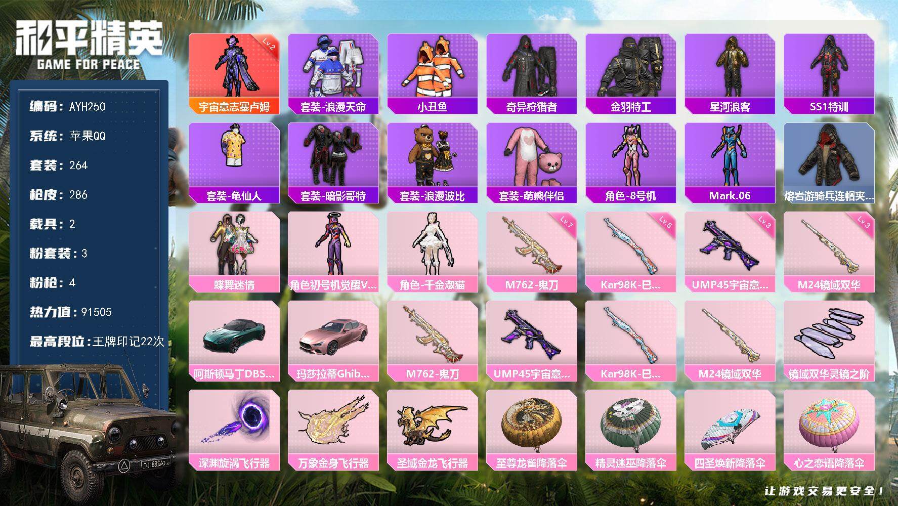 和平精英账号苹果QQ2载具-264套装-286枪皮-苹果 手Q-1神装-3粉装-4特效枪-2载具-5粉色飞行器-9150