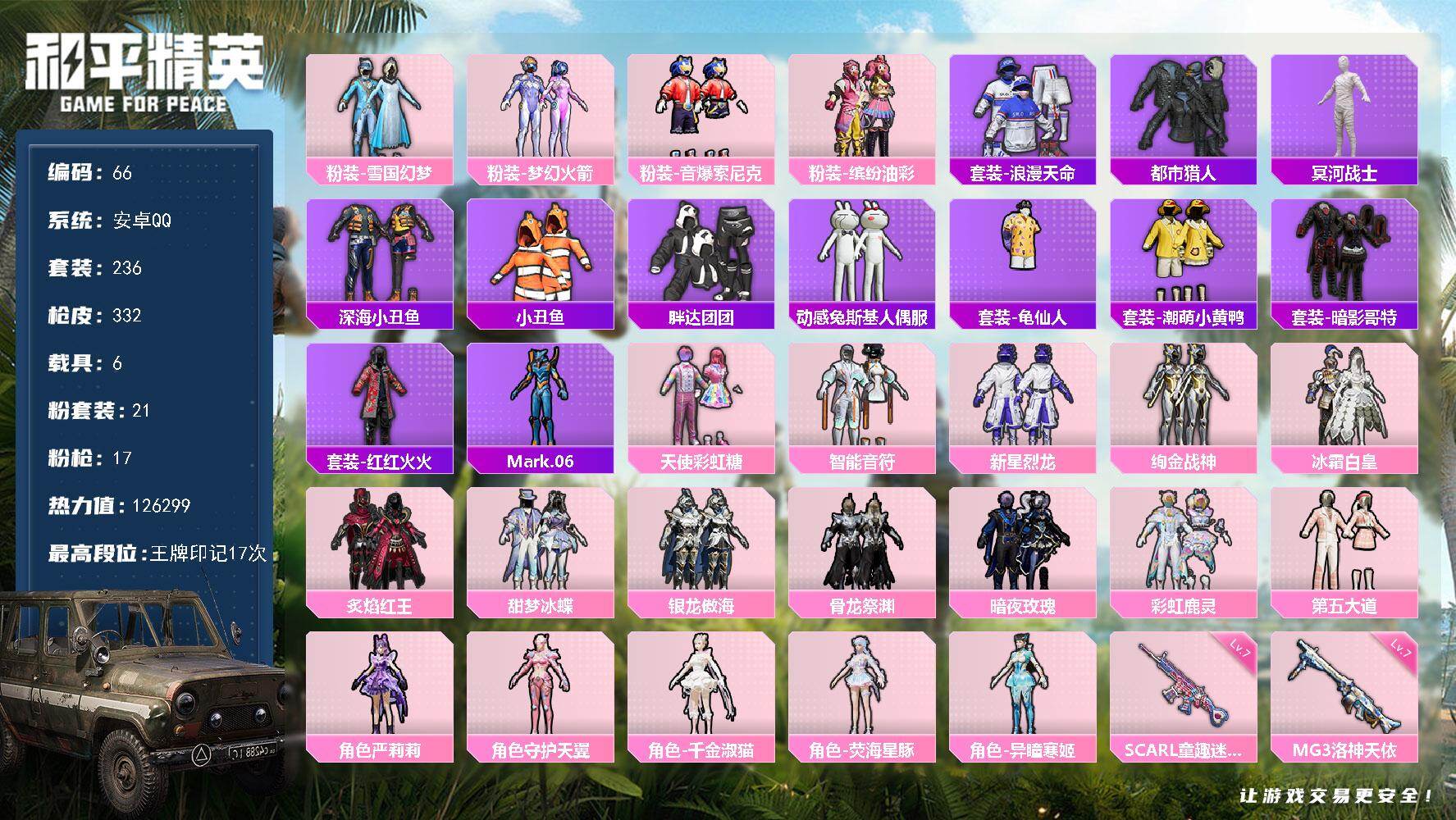 和平精英账号安卓QQ安卓 手Q-21粉装-17特效枪-6载具-9粉色飞行器-126299热力值-17王牌印记-236套装
