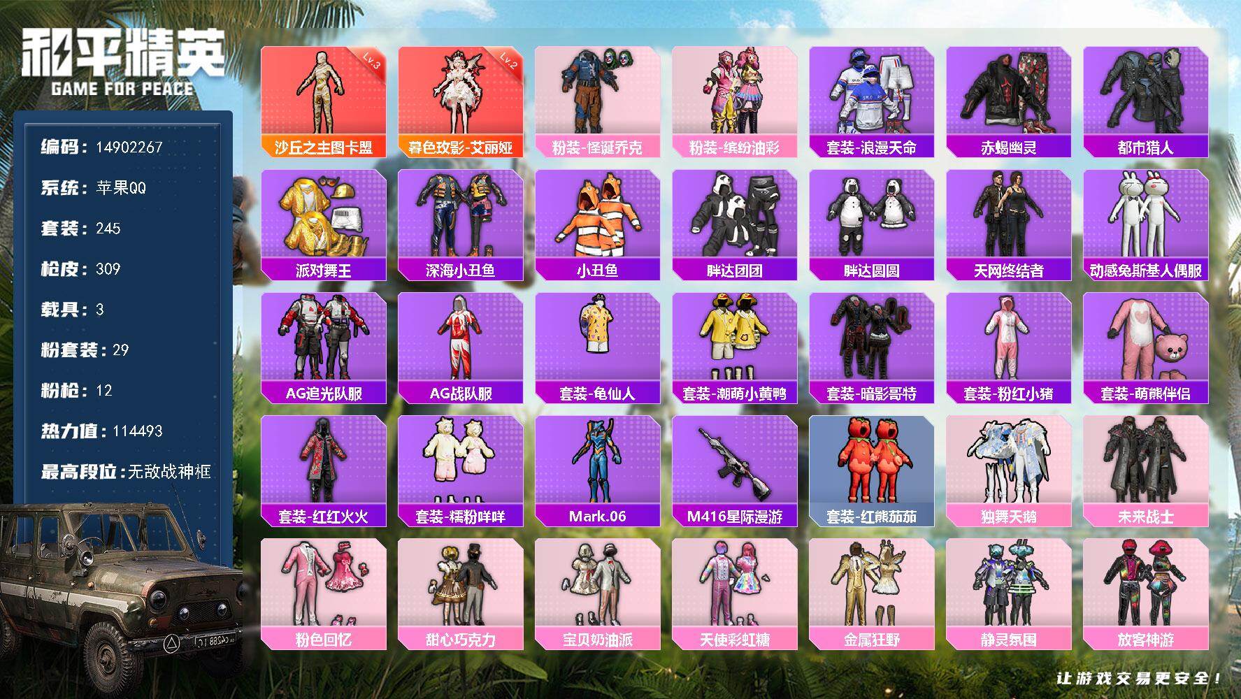 和平精英账号苹果QQ3载具-245套装-309枪皮-"DF892 钱包无法注销 苹果Q-1红装8稀有2载具28粉装11特