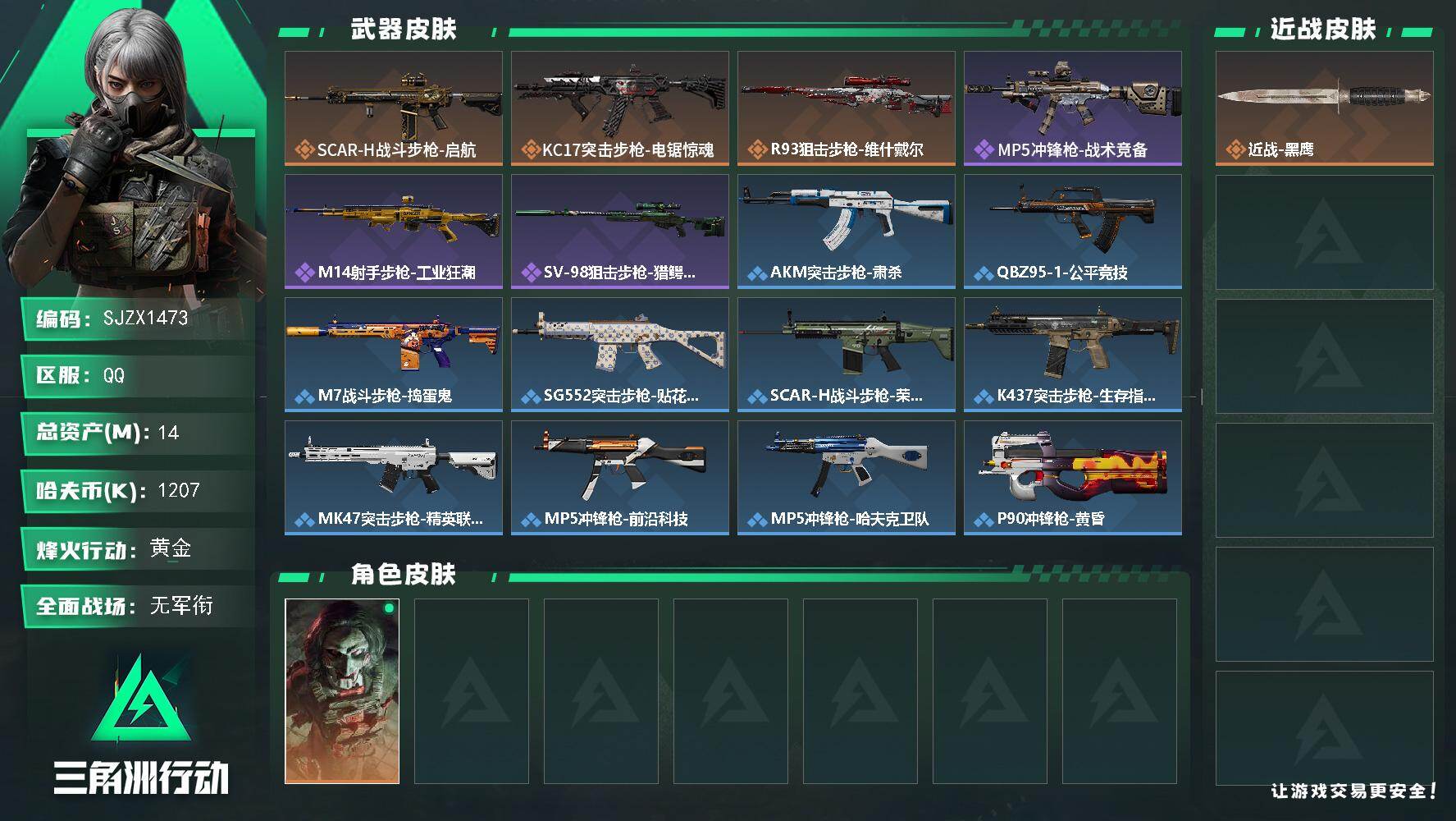 三角洲行动账号QQ【SJZX1473】总资产(M)：14M/哈夫币(K)：1207K/哈夫币(K)：1207K/传说枪皮数：3/全面战场等级：1_段位：无段位/烽火地带等级：58_段位：黄金/红狼-电锯惊魂/近战-黑
