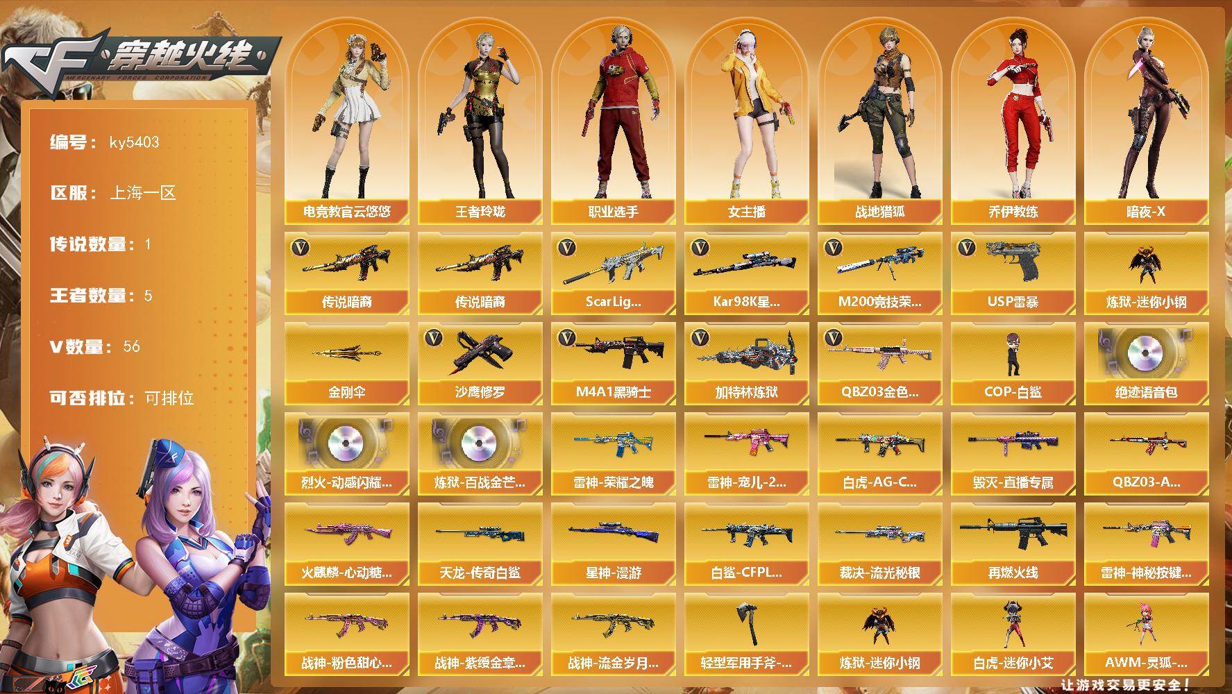 穿越火线账号东部战区上海一区上海一区-61V-5王者武器数-0炫金武器数
【传说武器】：传说暗裔
【热门武器】：传说暗裔，QBZ