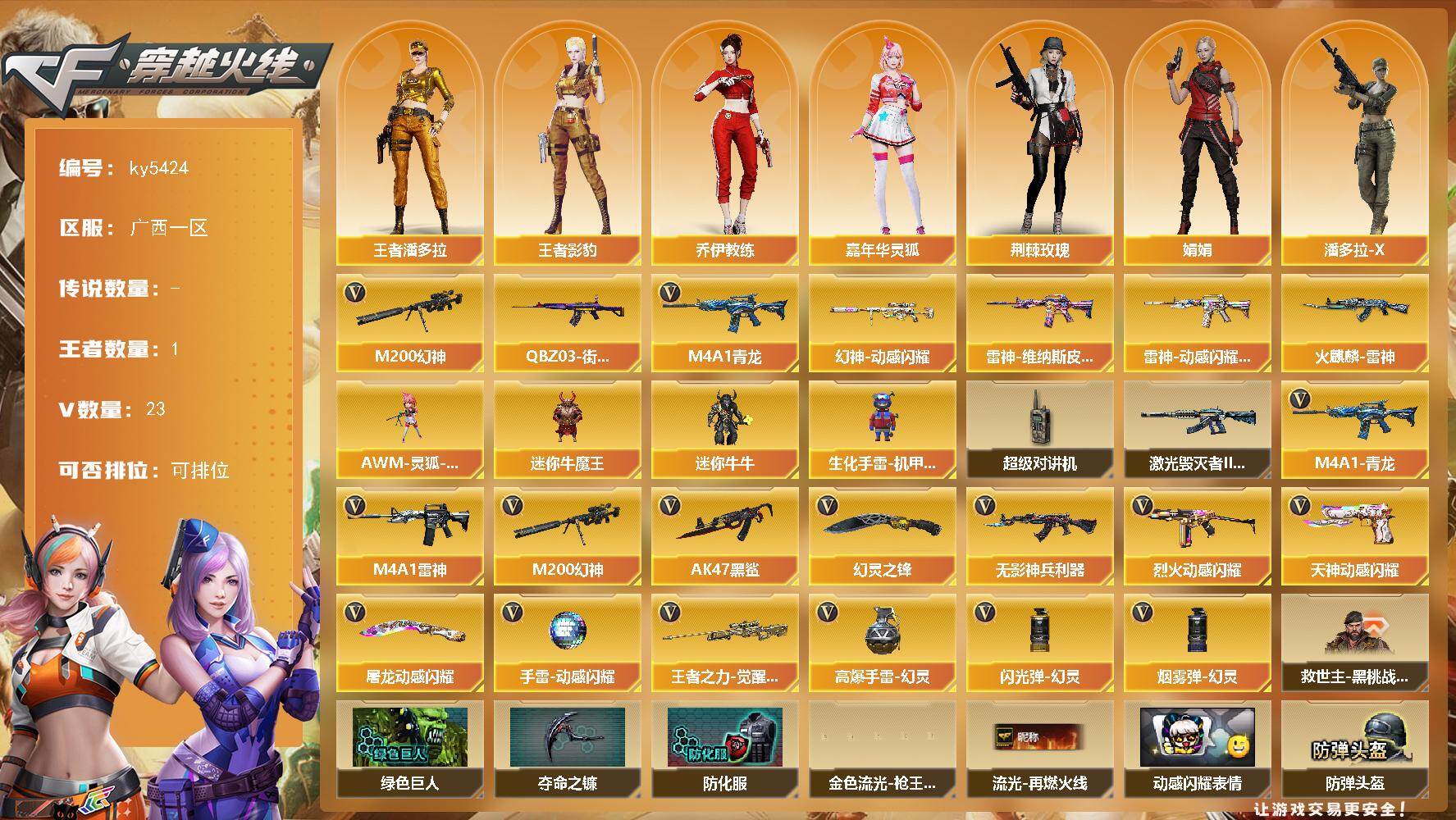 穿越火线账号南部战区广西一区[16394676]广西一区-25V-1王者武器数-0炫金武器数
【传说角色】：传说影煞
【热门武器】：M4A1-青龙，M200-幻神，QBZ03-街机
【皮肤】：幻神-动感闪耀 皮肤，雷神-维纳斯皮