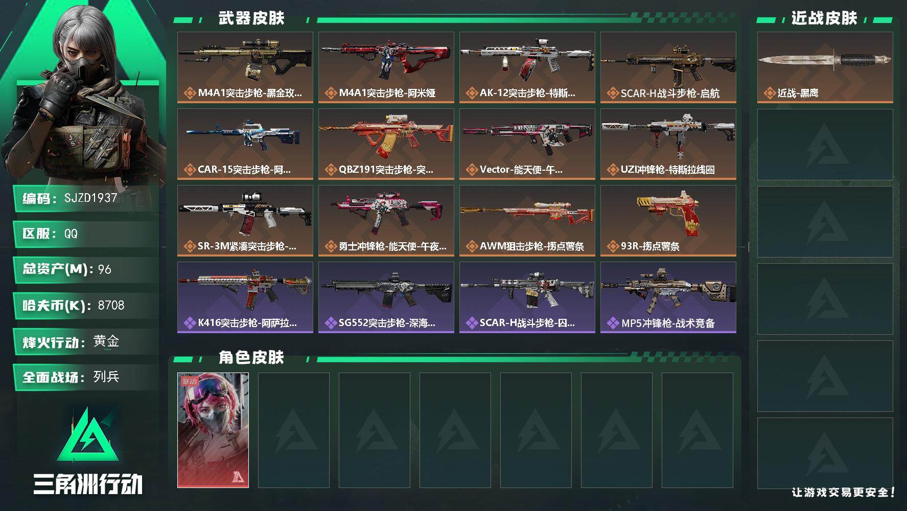 三角洲行动账号QQ【SJZD1937】总资产(M)：96M/哈夫币(K)：8708K/哈夫币(K)：8708K/传说枪皮数：12/全面战场等级：21_段位：列兵/烽火地带等级：58_段位：黄金/蛊-能天使午夜邮差/近