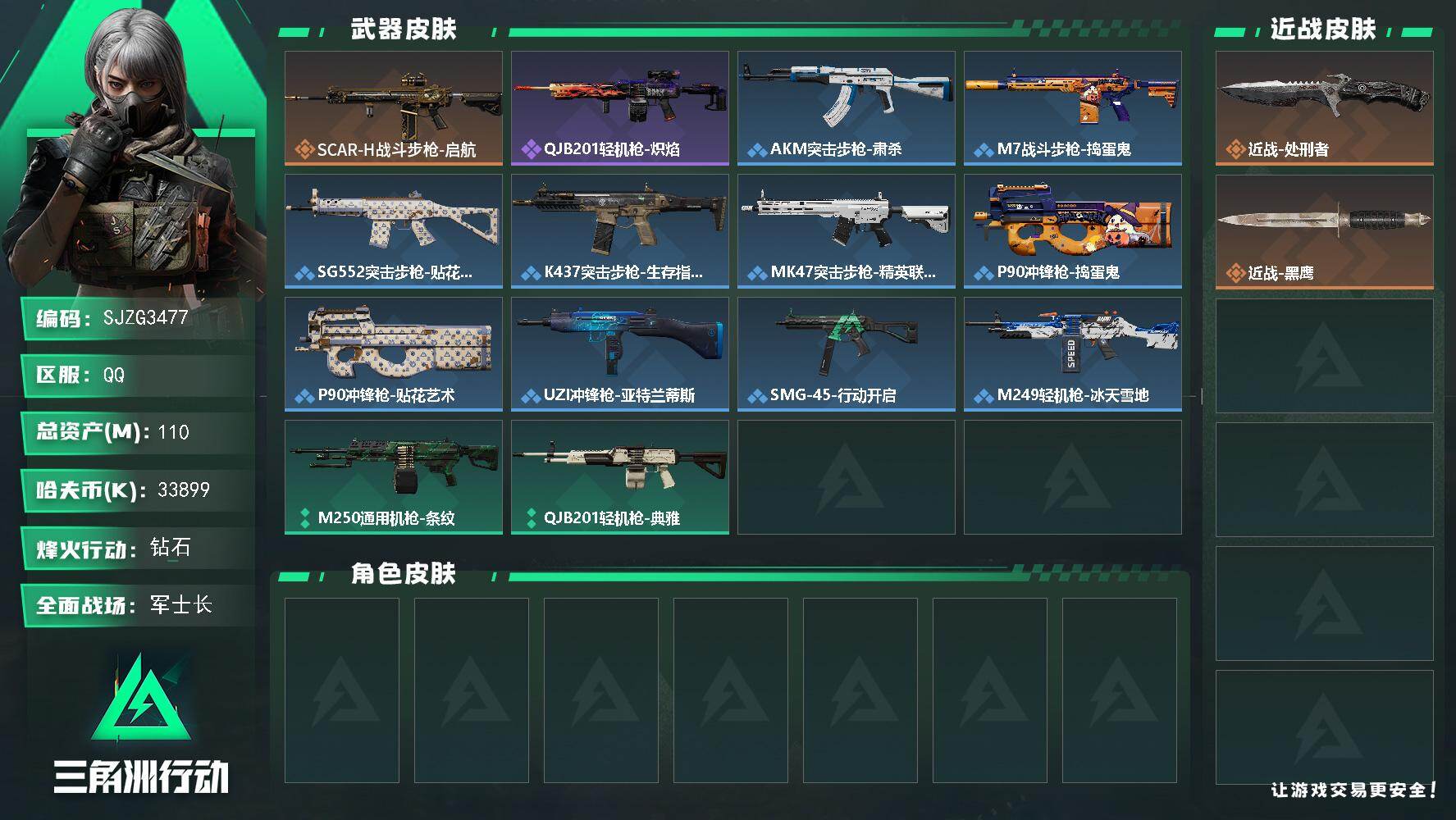 三角洲行动账号QQ【SJZG3477】总资产(M)：110M/哈夫币(K)：33899K/哈夫币(K)：33899K/传说枪皮数：1/全面战场等级：21_段位：军士长/烽火地带等级：53_段位：钻石/近战-处刑者/近