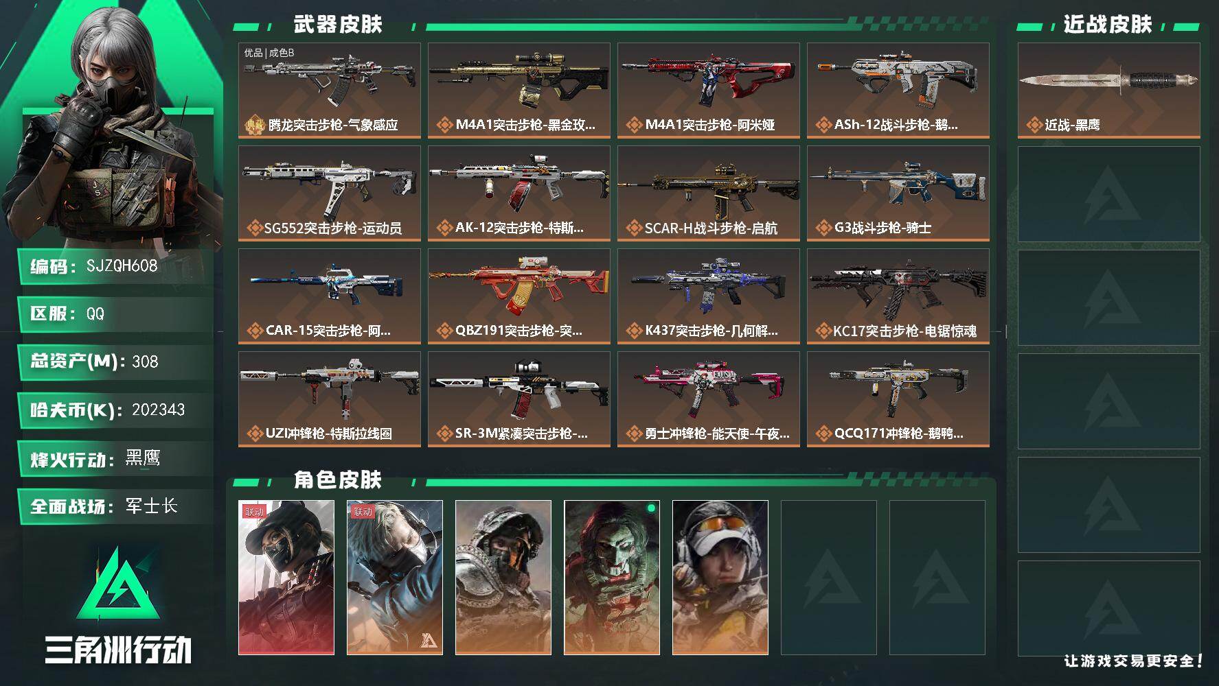 三角洲行动账号QQ【SJZQH608】总资产(M)：308M/哈夫币(K)：202343K/哈夫币(K)：202343K/传说枪皮数：27/全面战场等级：23_段位：军士长/烽火地带等级：60_段位：黑鹰/露娜-黑·