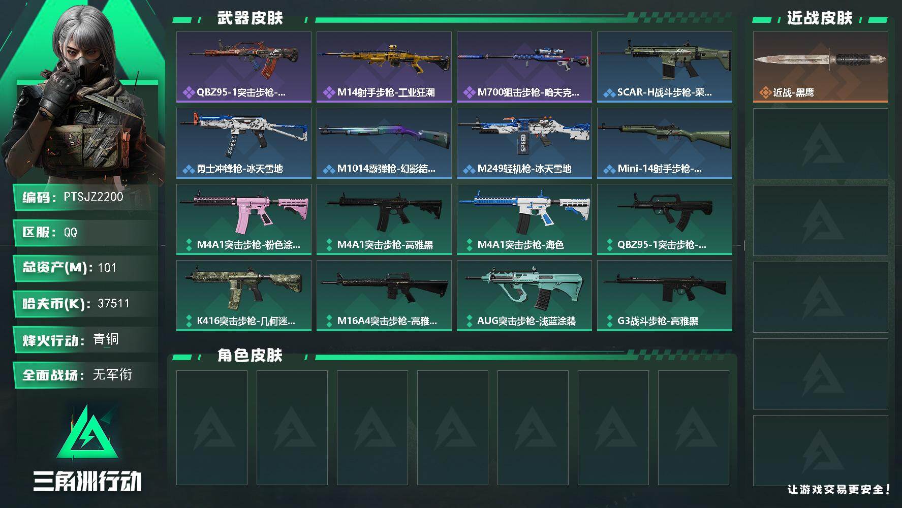 三角洲行动账号QQ【PTSJZ2200】总资产(M)：101M/哈夫币(K)：37511K/哈夫币(K)：37511K