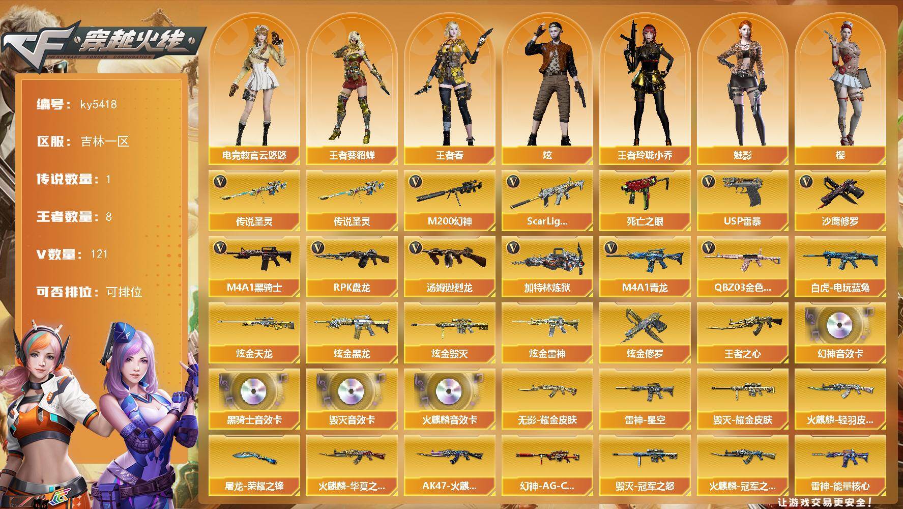 穿越火线账号北部战区吉林一区[16395999]吉林一区-128V-8王者武器数-8炫金武器数
【传说武器】：传说圣灵
【热门武器】：传说圣灵，QBZ03-金色蔷薇，Scar Light-白虎，M4A1-青龙，M200-幻神，死