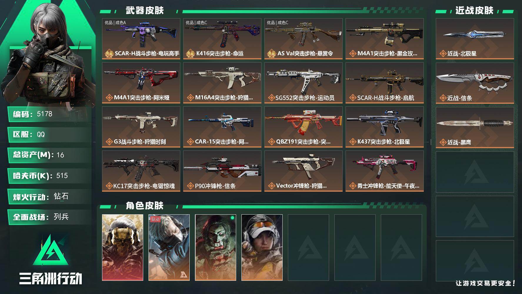 三角洲行动账号QQ总资产(M)：16M/哈夫币(K)：515K/哈夫币(K)：515K/传说枪皮数：24/全面战场等级