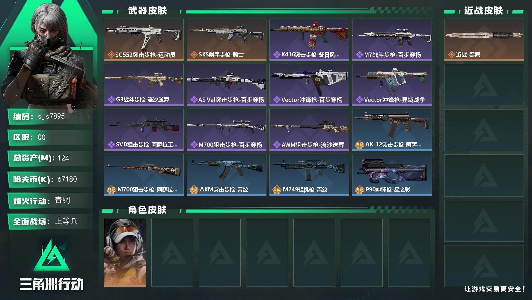 三角洲行动账号QQ【sjs7895】单露娜金皮 总资产124m  现金 6700w  纯绿无封禁 烽火地带段位: 青铜