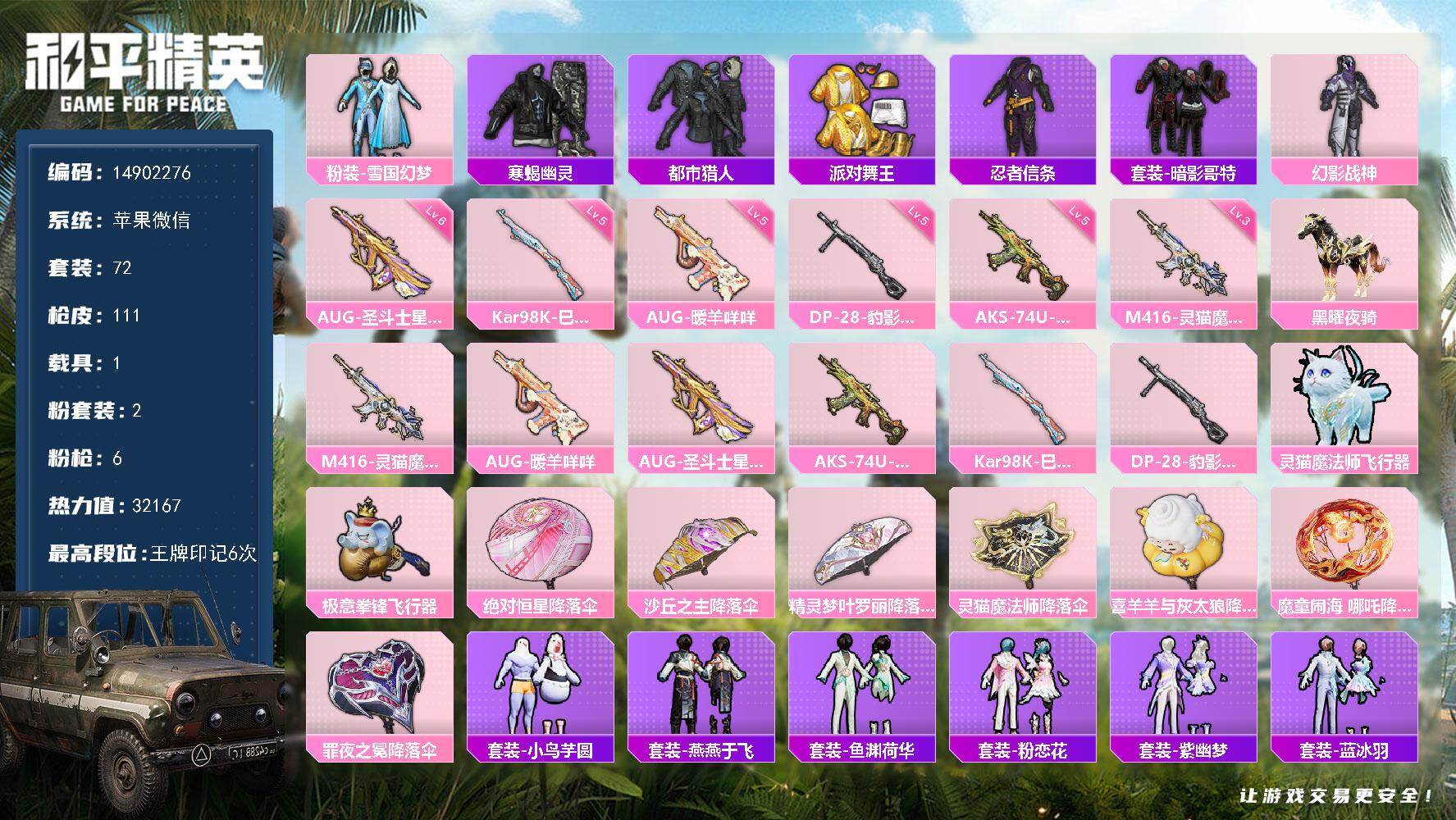 和平精英账号苹果微信1载具-72套装-111枪皮-男神套DAS8790可二次 苹果V-5稀有1载具2粉装6特效枪6热门7