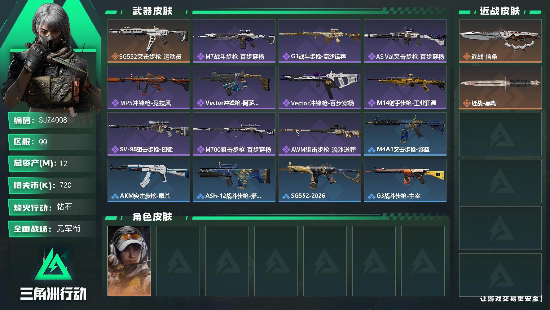 三角洲行动账号QQ【SJZ4008】总资产(M)：12M/哈夫币(K)：720K/哈夫币(K)：720K/传说枪皮数：