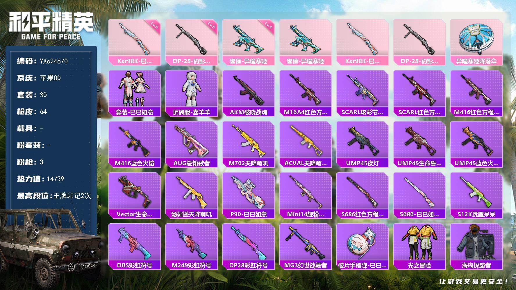 和平精英账号苹果QQ0载具-30套装-64枪皮-YXc24670-【无二次协助处理】【因赛季更新游戏段付以上号为准!】
