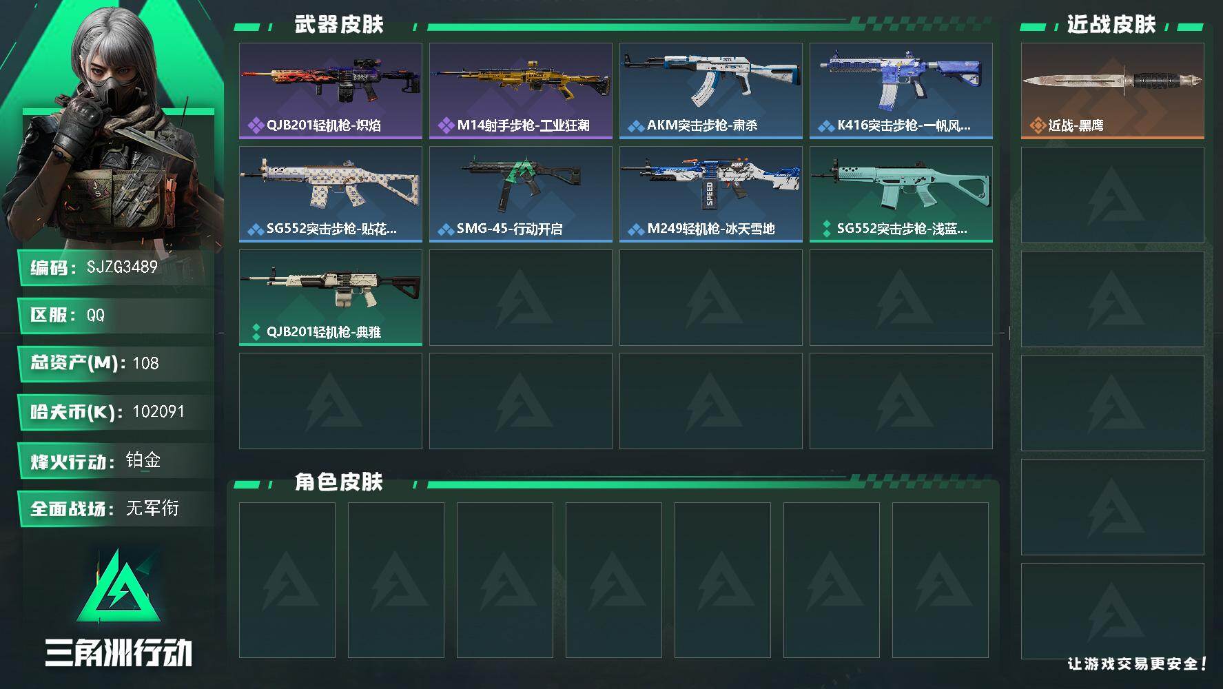三角洲行动账号QQ【SJZG3489】总资产(M)：108M/哈夫币(K)：102091K/哈夫币(K)：102091K/全面战场等级：1_段位：无段位/烽火地带等级：51_段位：铂金/近战-黑鹰/QJB201轻机枪