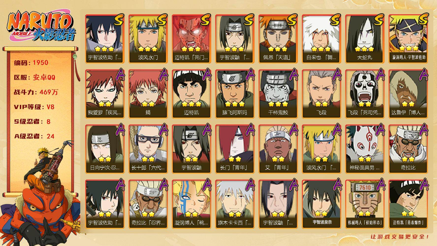 火影忍者账号安卓QQ（可免费转苹果）V8 8S 24A 469万战力 热门A面麻、夏日鼬。YY1890
【S级忍者】：宇智波鼬「须佐能乎」(3星)，自来也「舞之豪杰」(3星)，大蛇丸(3星)，波风水门(3星)，迈特凯「