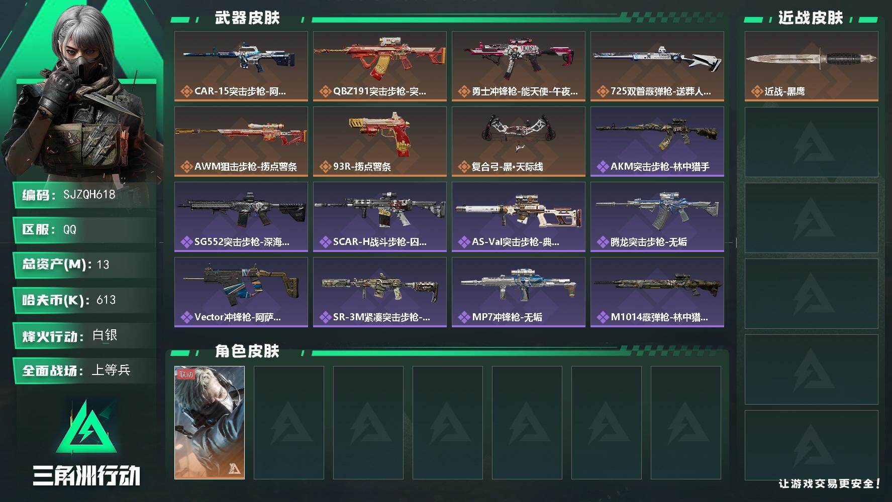 三角洲行动账号QQ【SJZQH618】总资产(M)：13M/哈夫币(K)：613K/哈夫币(K)：613K/传说枪皮数：7/全面战场等级：21_段位：上等兵/烽火地带等级：60_段位：白银/蜂医-送葬人·无题密令/近