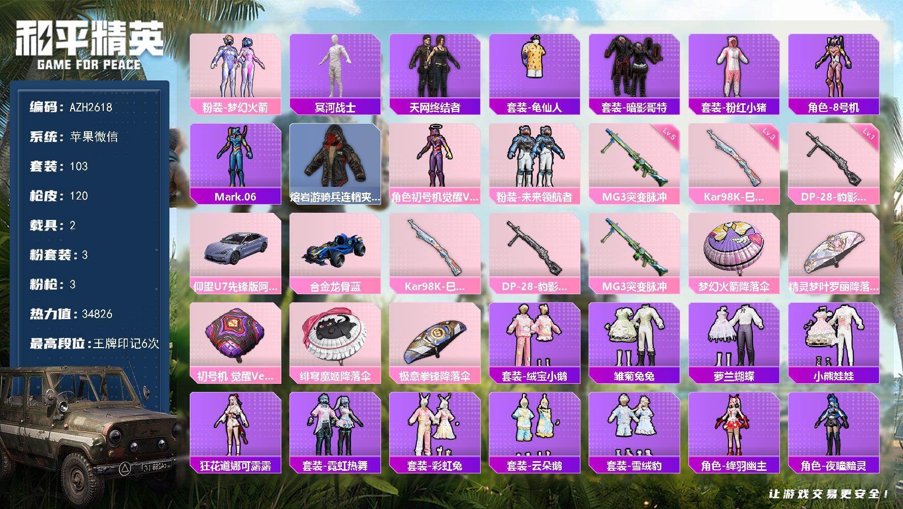 和平精英账号苹果微信2载具-103套装-120枪皮-苹果 微信【梦幻火箭木乃伊天网终结者暗影哥特 2载具】3粉装-3特效