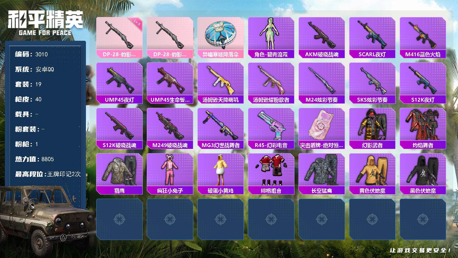 和平精英账号安卓QQ0载具-19套装-40枪皮-19套装/枪械1/装备43/战备28/王牌印记2/热力值8805/五级D