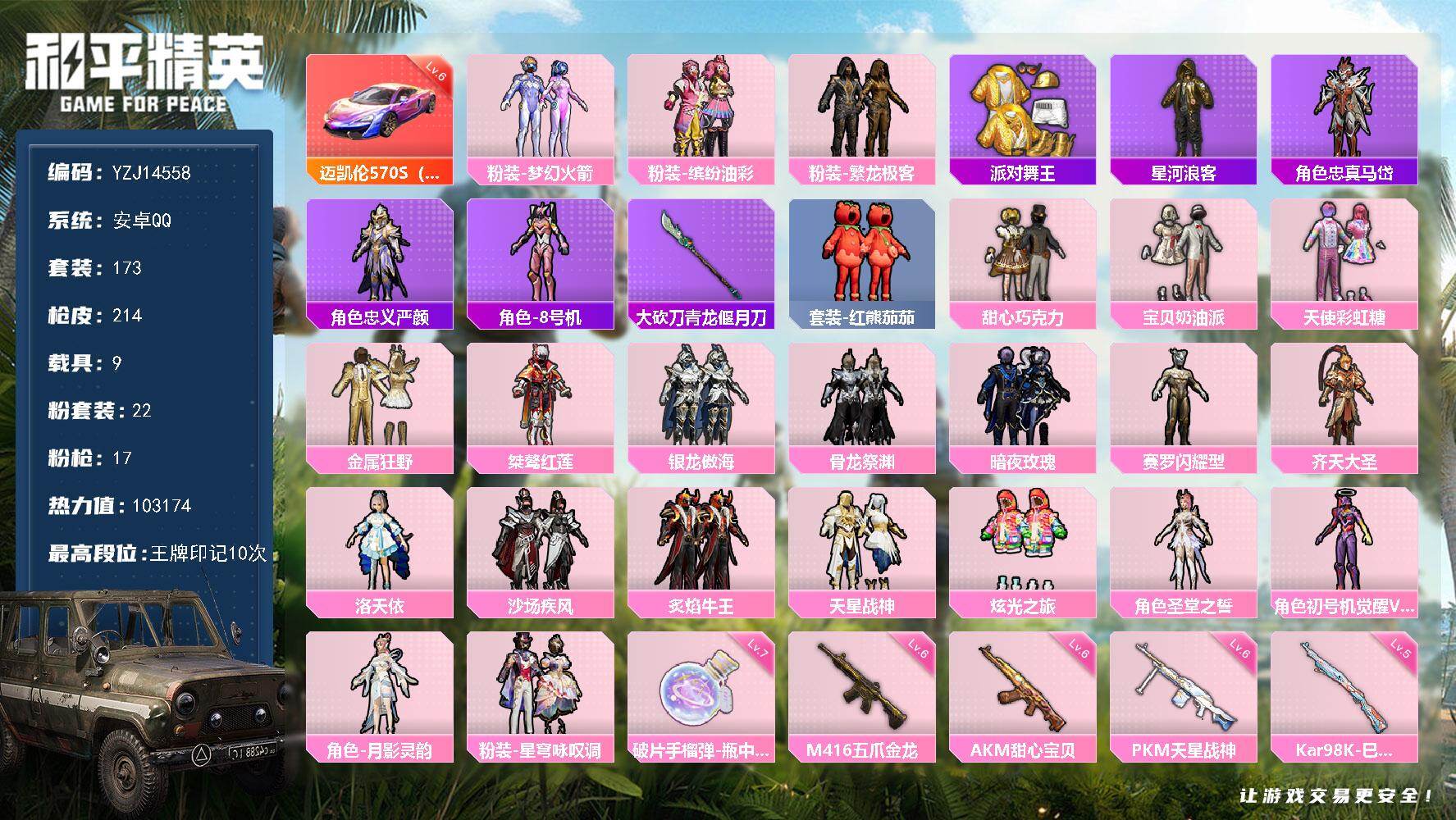 和平精英账号安卓QQ9载具-173套装-214枪皮-可二次 安卓Q-2稀有10载具22粉装17特效枪13热门【极品富婆女
