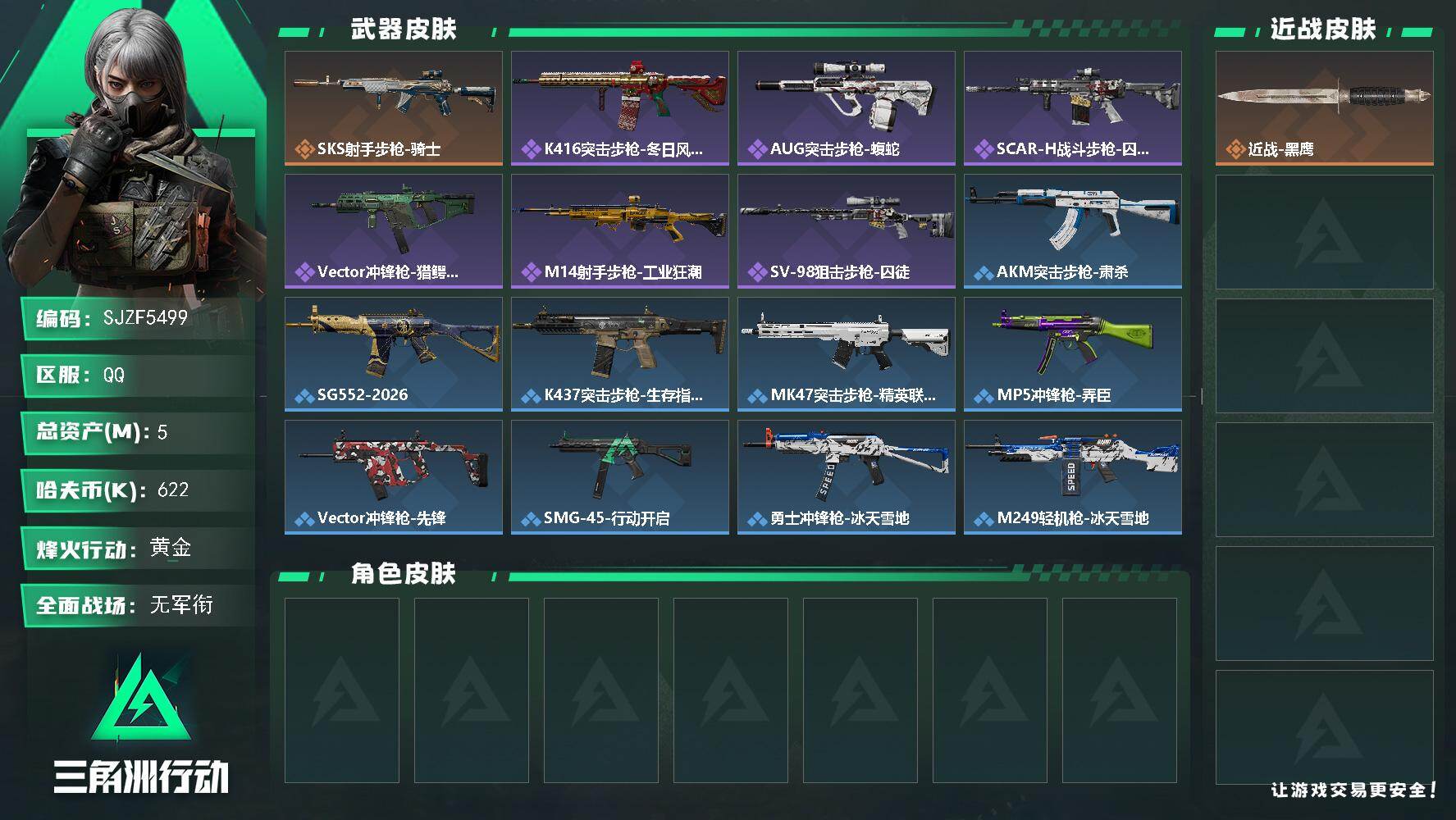 三角洲行动账号QQ【SJZF5499】总资产(M)：5M/哈夫币(K)：622K/哈夫币(K)：622K/传说枪皮数：1/全面战场等级：1_段位：无段位/烽火地带等级：47_段位：黄金/近战-黑鹰/SKS射手步枪-骑