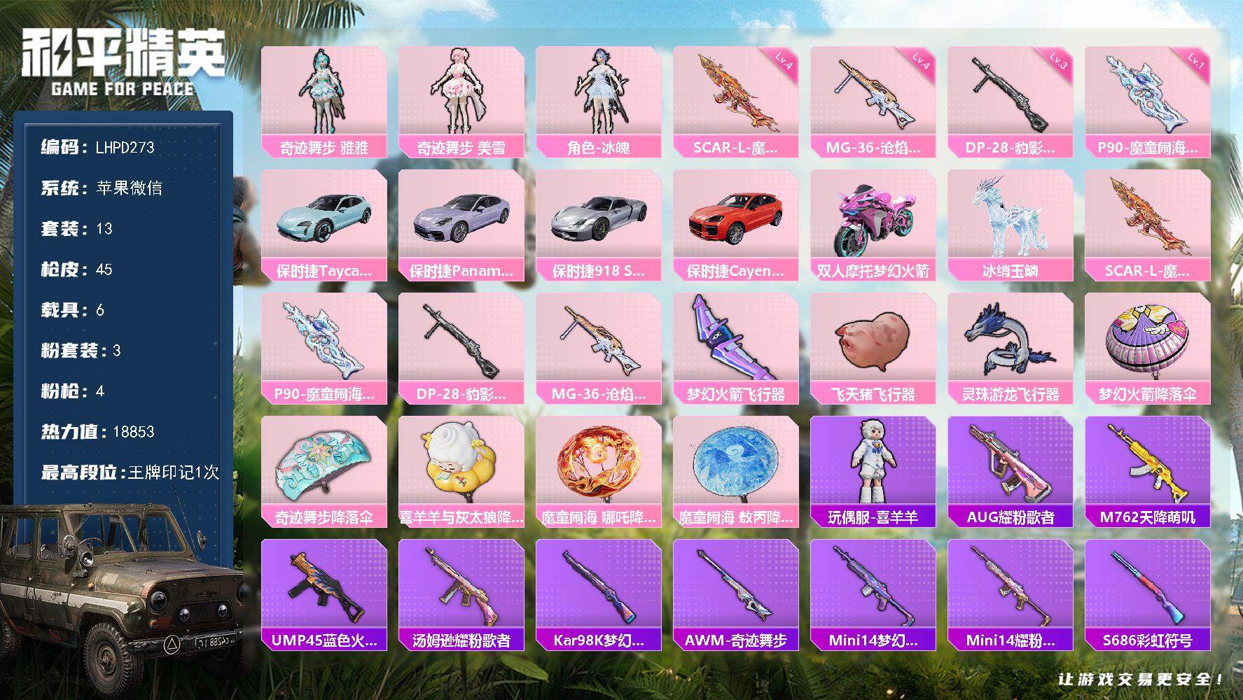 和平精英账号苹果微信6载具-13套装-45枪皮-【特价出售/店主推荐】苹果 微信-3粉装-4特效枪-6载具-4粉色飞行器