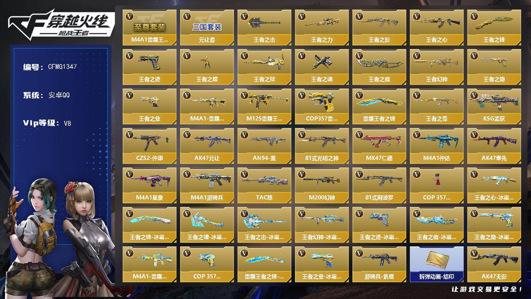 枪战王者账号安卓QQ【CFMG1347】VIP8/233V/18王者/M4A1雷霆王者至尊/元让套/王者之击/王者之力/