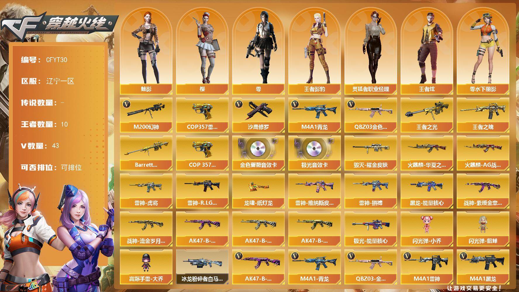 穿越火线账号北部战区辽宁一区【CFYT30】39V/101级/大元首/10王者/4英雄/QBZ03-金色蔷薇/M4A1-青龙/M