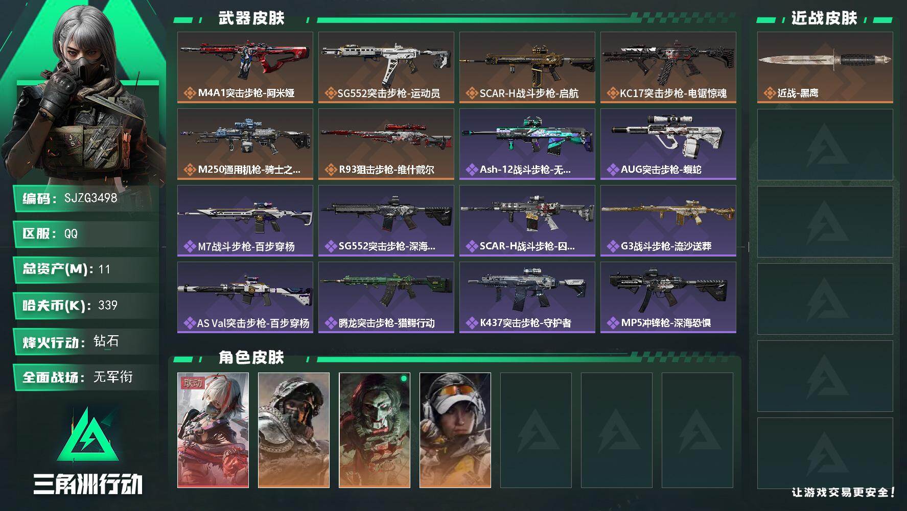 三角洲行动账号QQ【SJZG3498】总资产(M)：11M/哈夫币(K)：339K/哈夫币(K)：339K/传说枪皮数：6/全面战场等级：1_段位：无段位/烽火地带等级：60_段位：钻石/骇爪-维什戴尔/深蓝-不破誓