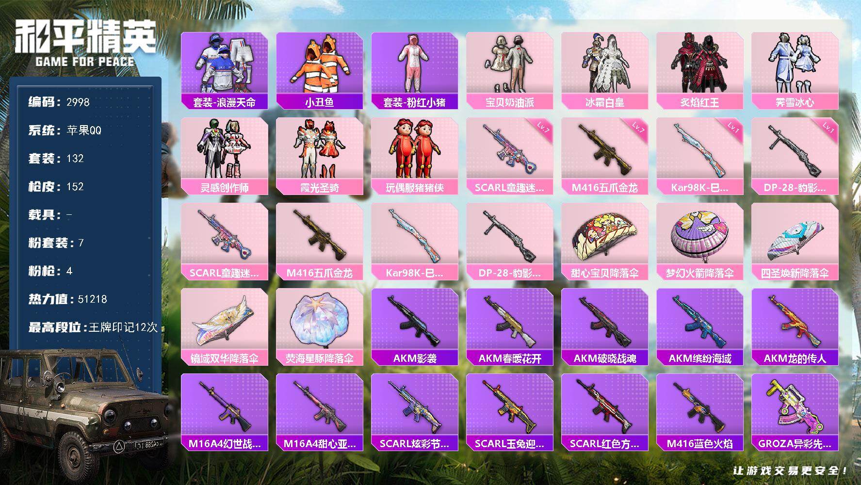 和平精英账号苹果QQ0载具-132套装-152枪皮-132套装/枪械4/装备153/战备113/王牌印记12/热力值51