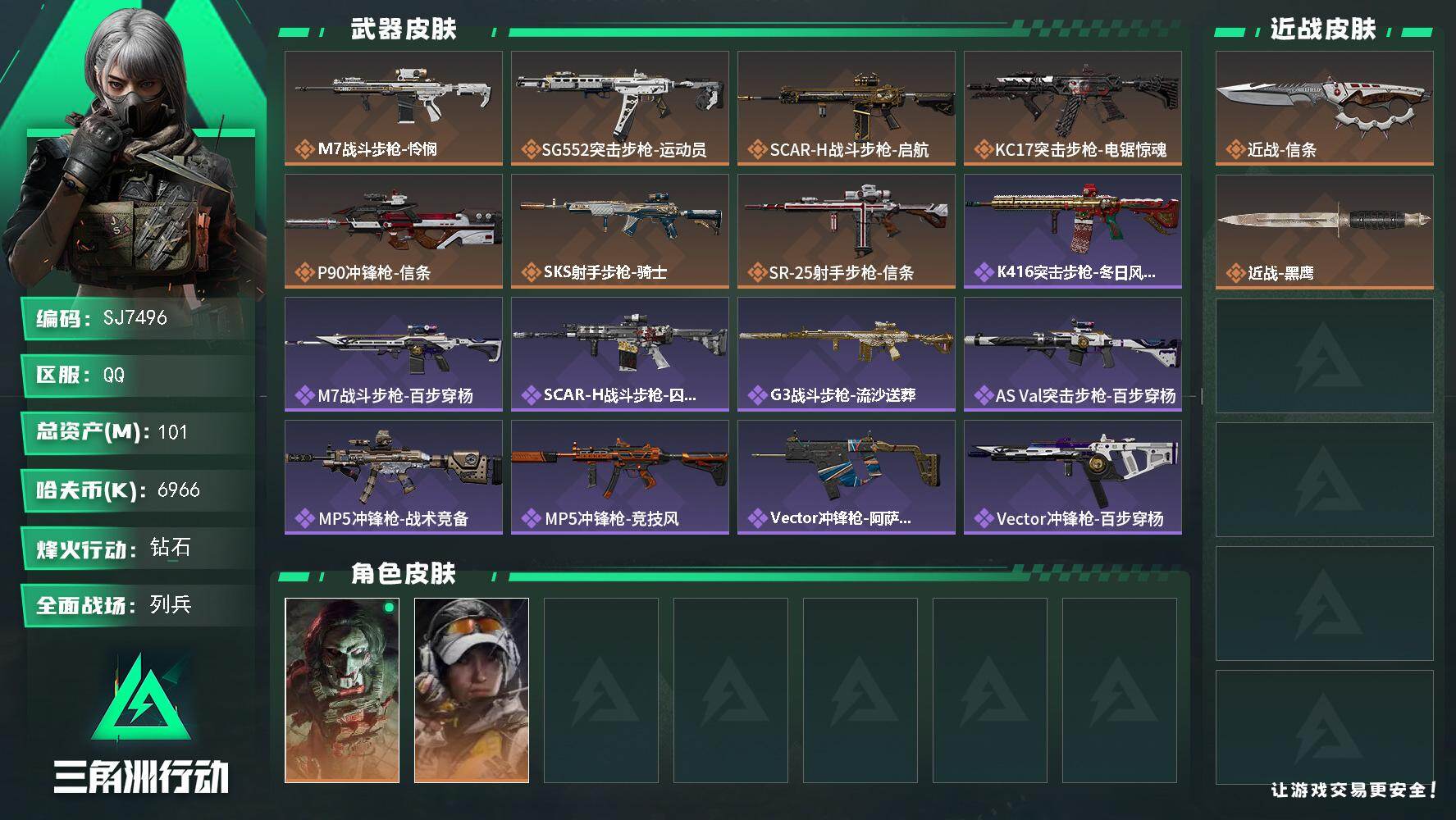 三角洲行动账号QQ【SJ7496】总资产(M)：101M/哈夫币(K)：6966K/哈夫币(K)：6966K/传说枪皮数：7/全面战场等级：11_段位：列兵/烽火地带等级：60_段位：钻石/红狼-电锯惊魂/露娜-金牌
