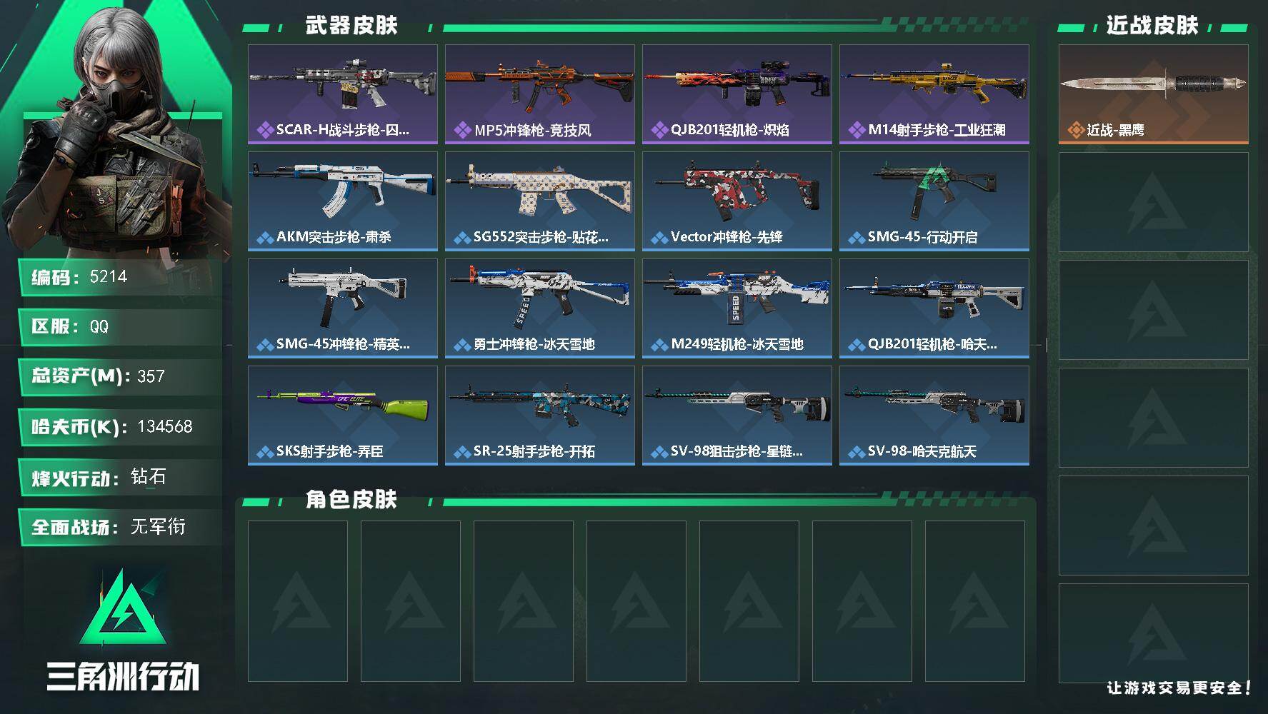 三角洲行动账号QQ总资产(M)：357M/哈夫币(K)：K/哈夫币(K)：K/全面战场等级：1_段位：无段位/烽火地带