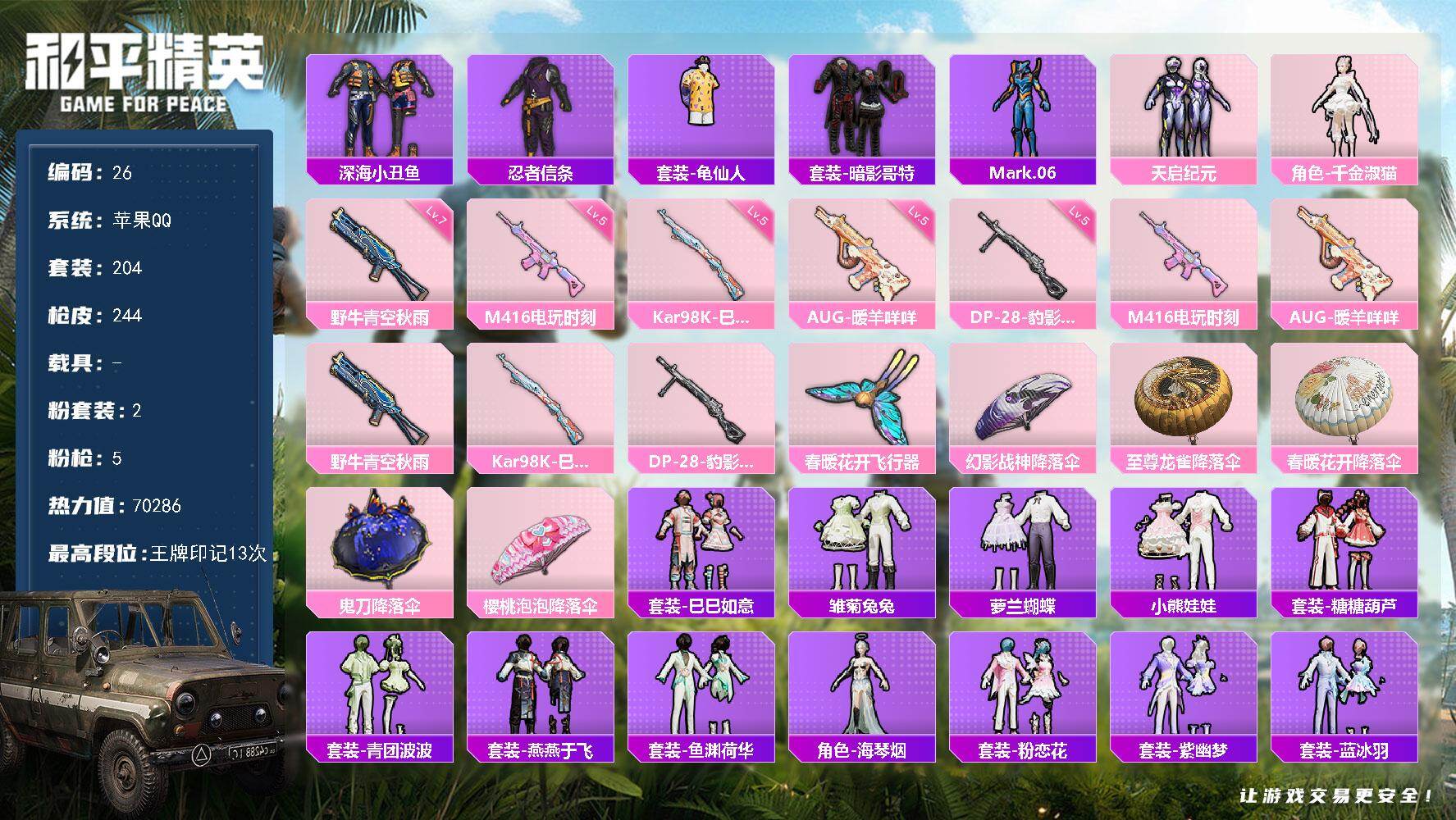 和平精英账号苹果QQ0载具-204套装-244枪皮-苹果 手Q-2粉装-5特效枪-0载具-1粉色飞行器-70286热力值