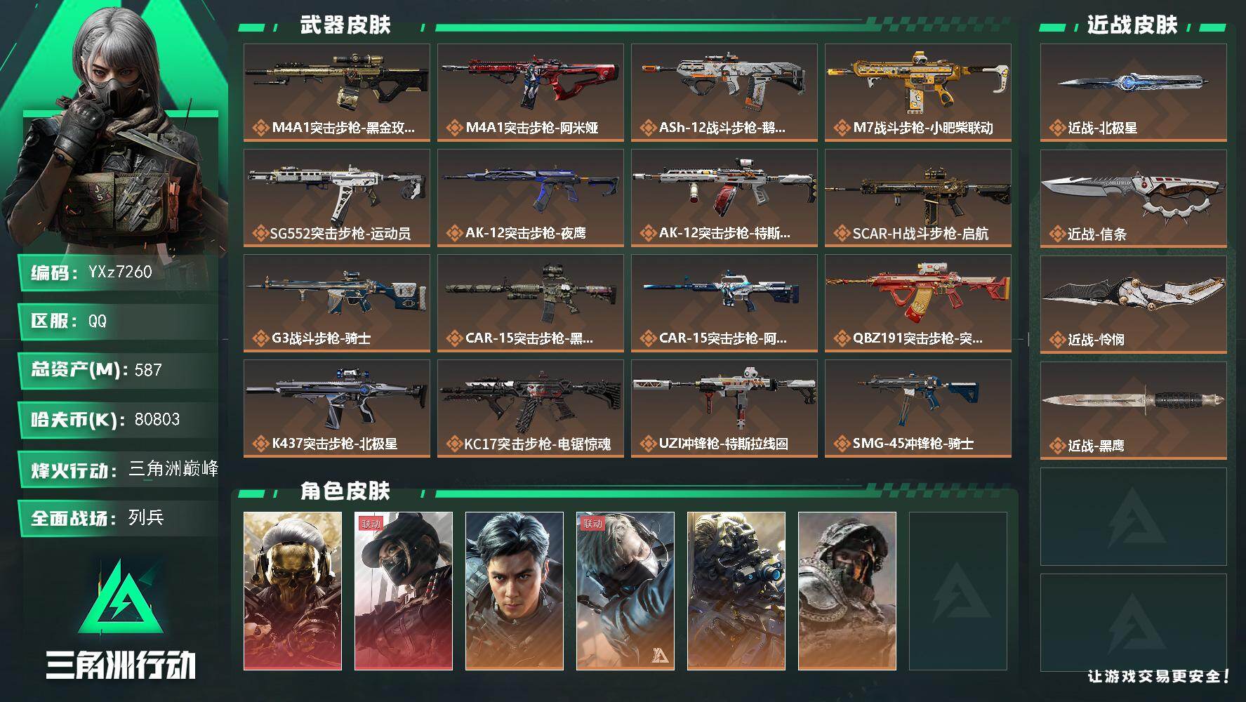 三角洲行动账号QQ【当日上新-性价比特价号】【满仓满体满负高额资产587M+高氪金土豪号-双红皮+三刀皮+二典藏皮肤+