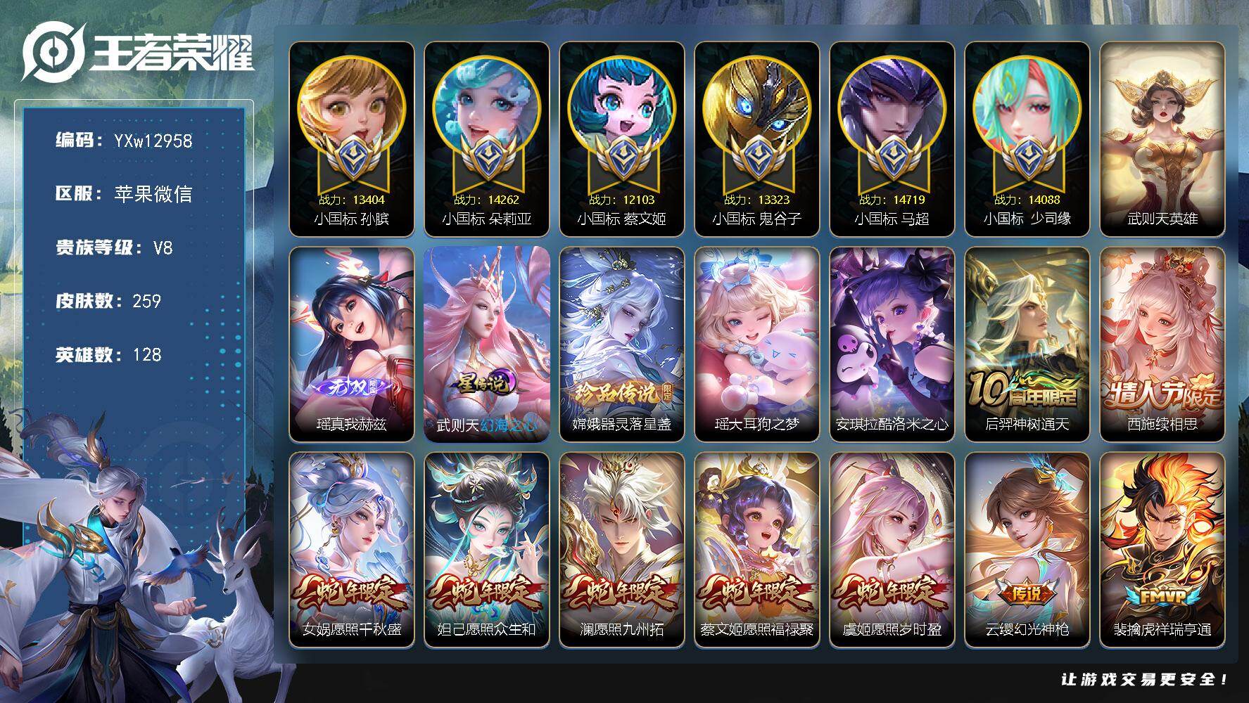 王者荣耀账号苹果VX128英雄-259皮肤-【极品战力女号推荐·小国1.4w马超·小国1.4w朵利亚·小国1.4w少司缘