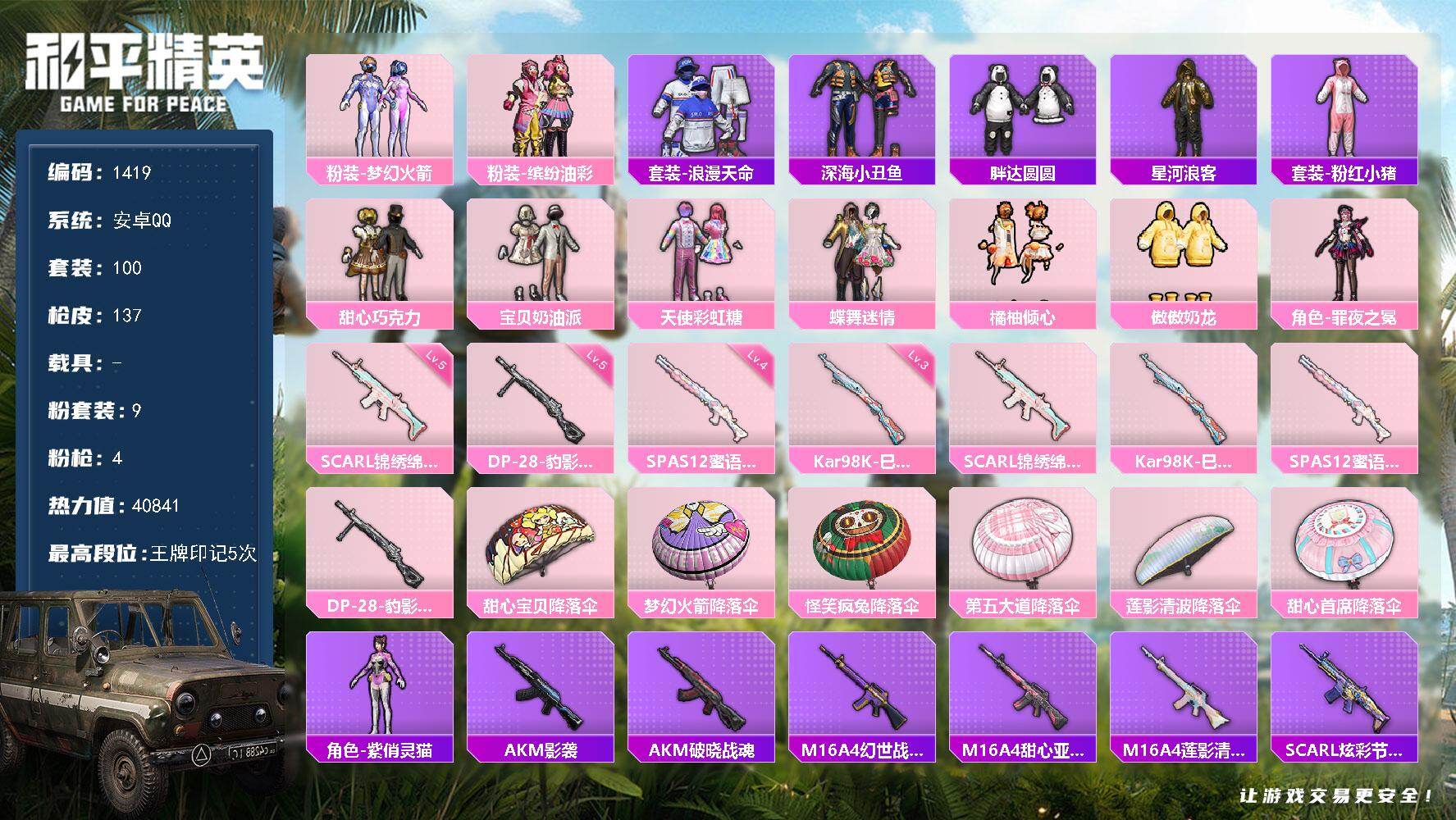 和平精英账号安卓QQ【1419】df安卓 手Q-【极品公主号，素材号，猪妹，火箭头，奶油派，巧克力，胖达圆圆，彩虹糖，奶