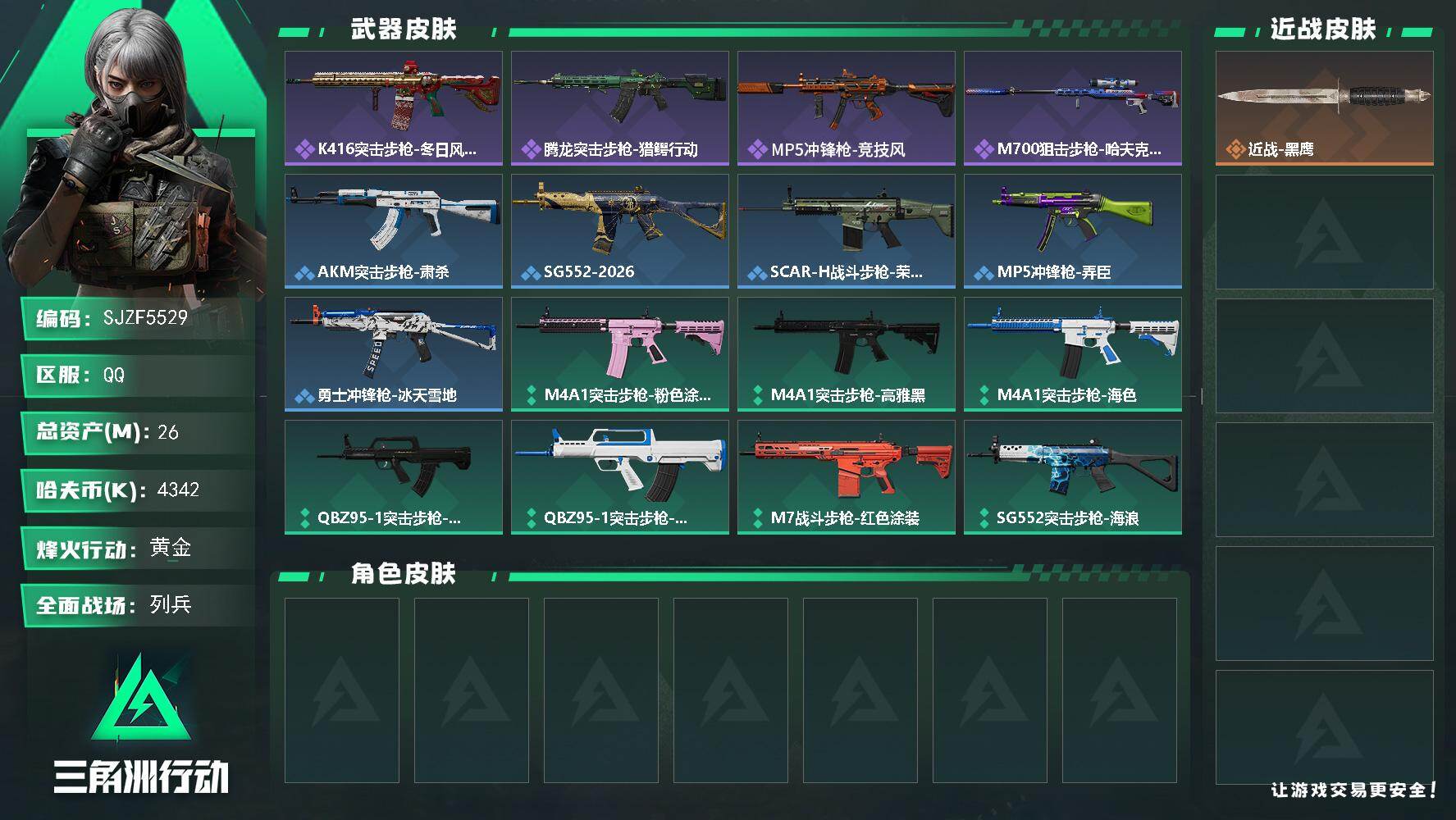 三角洲行动账号QQ【SJZF5529】总资产(M)：26M/哈夫币(K)：4342K/哈夫币(K)：4342K/全面战场等级：8_段位：列兵/烽火地带等级：37_段位：黄金/近战-黑鹰/K416突击步枪-冬日风情/腾