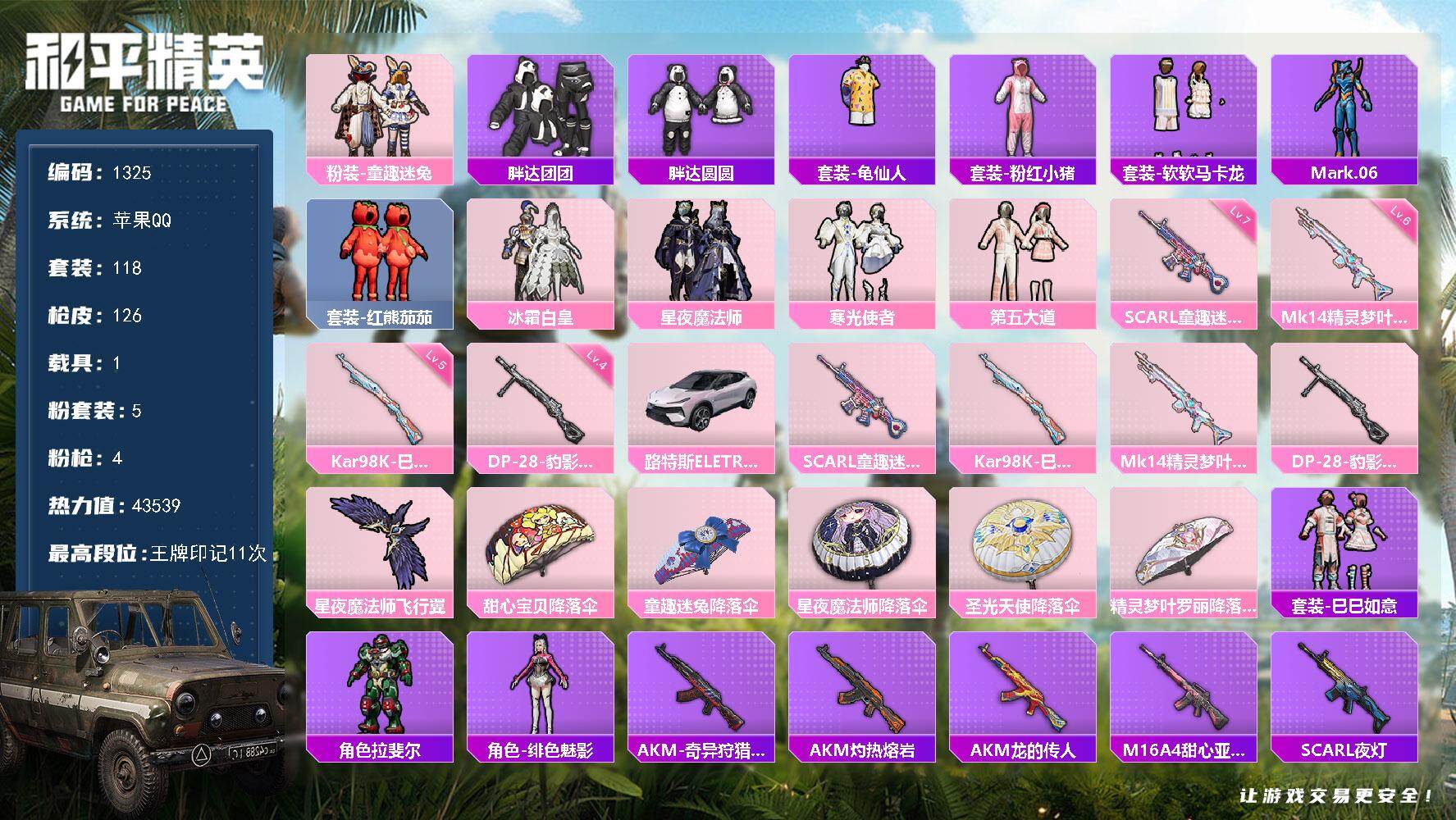 和平精英账号苹果QQ【1325】df苹果 手Q【极品公主号，胖达，马卡龙，童趣迷兔，小番茄，第五，蓝螳螂，】-5粉装-4