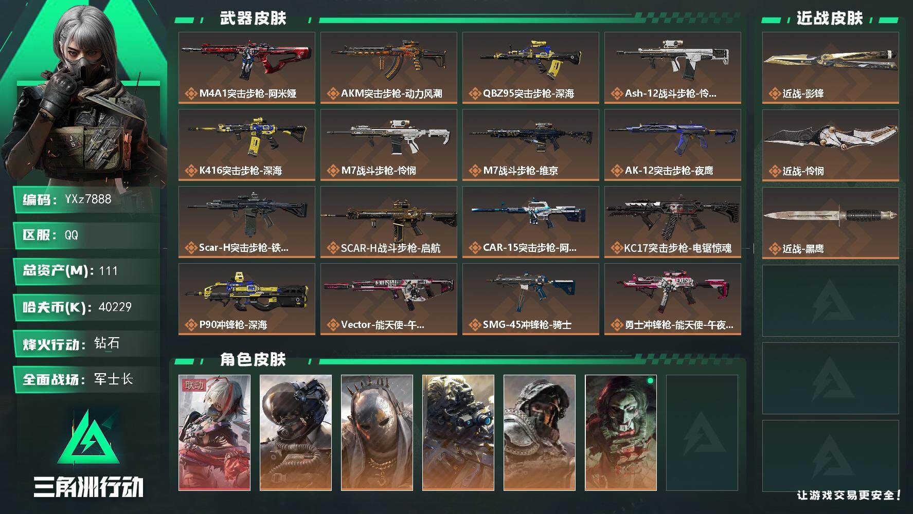 三角洲行动账号QQ【热门皮肤号：单红+双刀-维什戴尔+怜悯+影锋/资产111M】【Q区三端互通】【无二次】YXz788