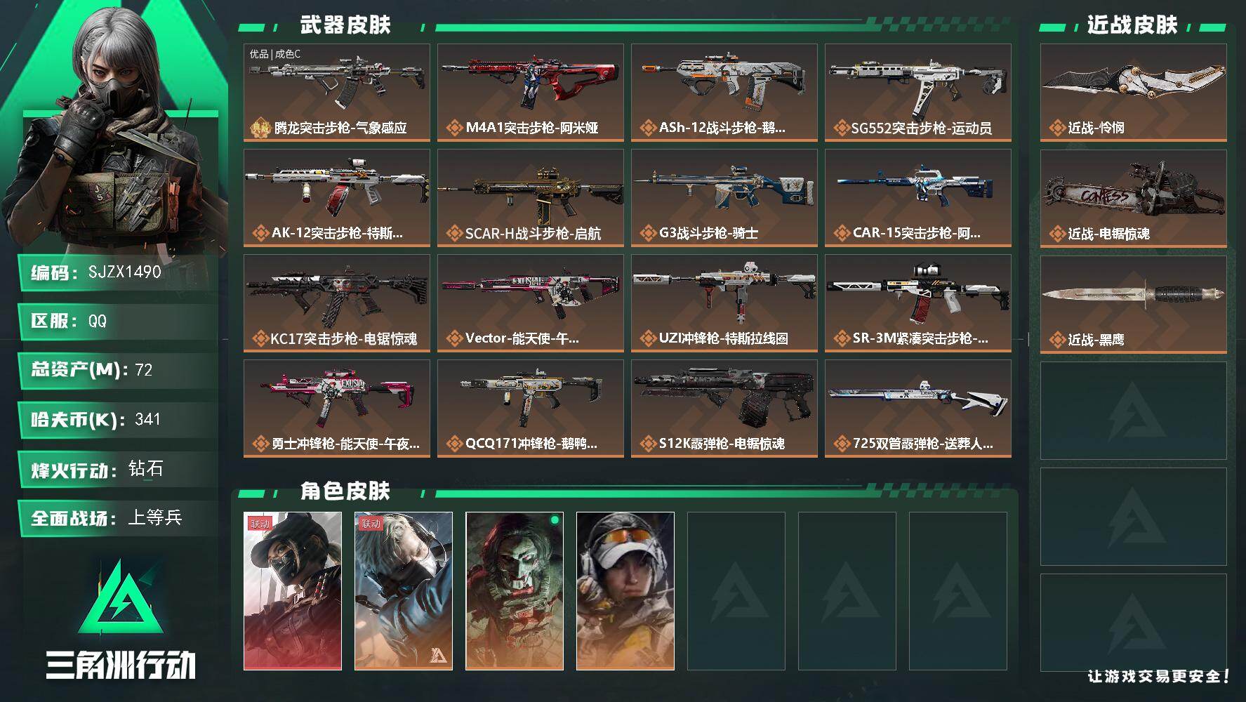 三角洲行动账号QQ【SJZX1490】总资产(M)：72M/哈夫币(K)：341K/哈夫币(K)：341K/传说枪皮数：22/全面战场等级：23_段位：上等兵/烽火地带等级：60_段位：钻石/露娜-黑·天际线/蜂医-
