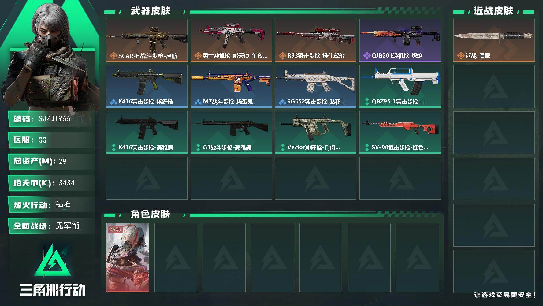 三角洲行动账号QQ【SJZD1966】总资产(M)：29M/哈夫币(K)：3434K/哈夫币(K)：3434K/传说枪皮数：3/全面战场等级：5_段位：无段位/烽火地带等级：30_段位：钻石/骇爪-维什戴尔/近战-黑