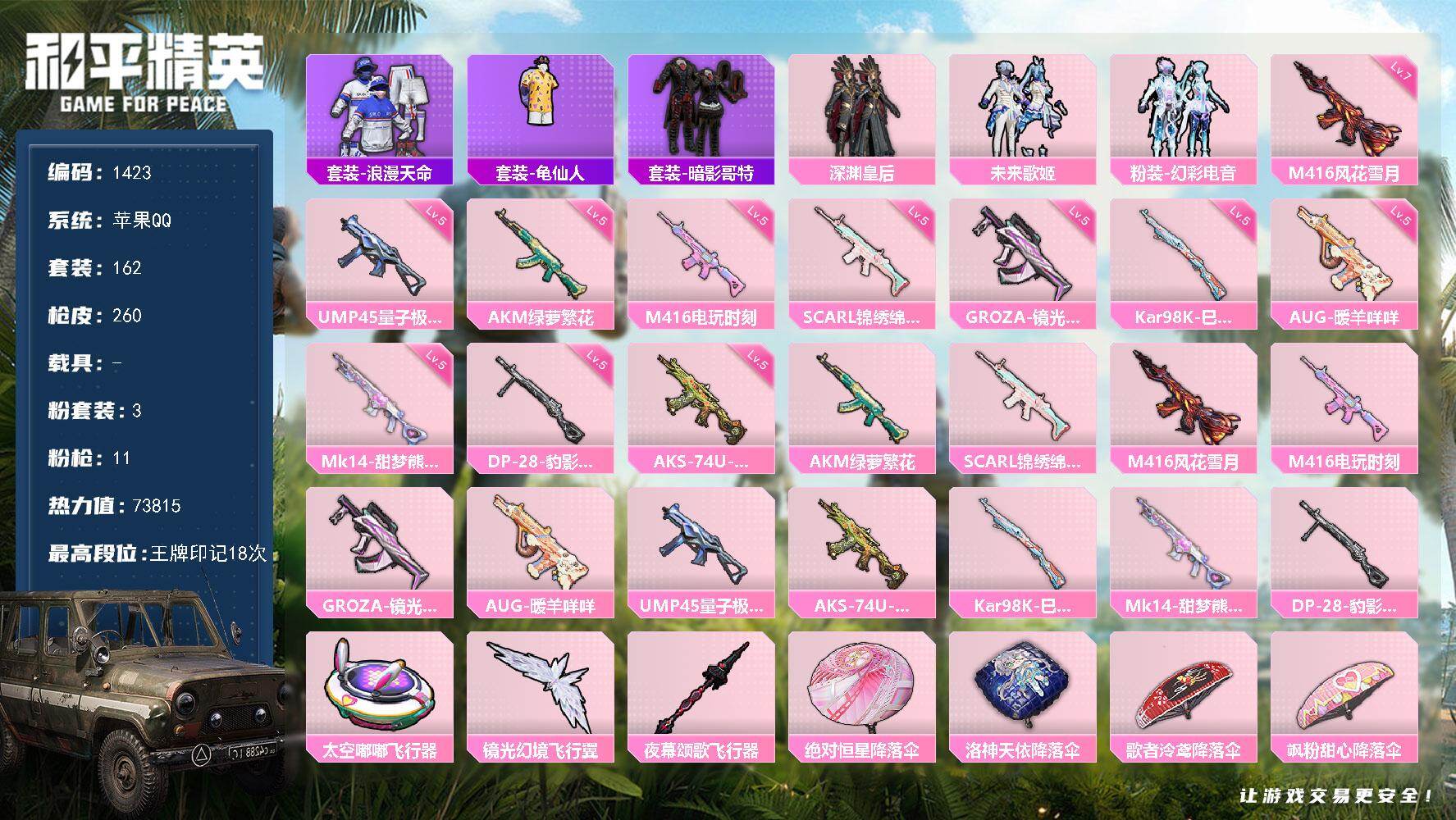 和平精英账号苹果QQ【1423】df苹果 手Q-【极品小女号，地铁满天赋，素材号，白裤子，红眼罩，AUG暖阳咩咩，11粉