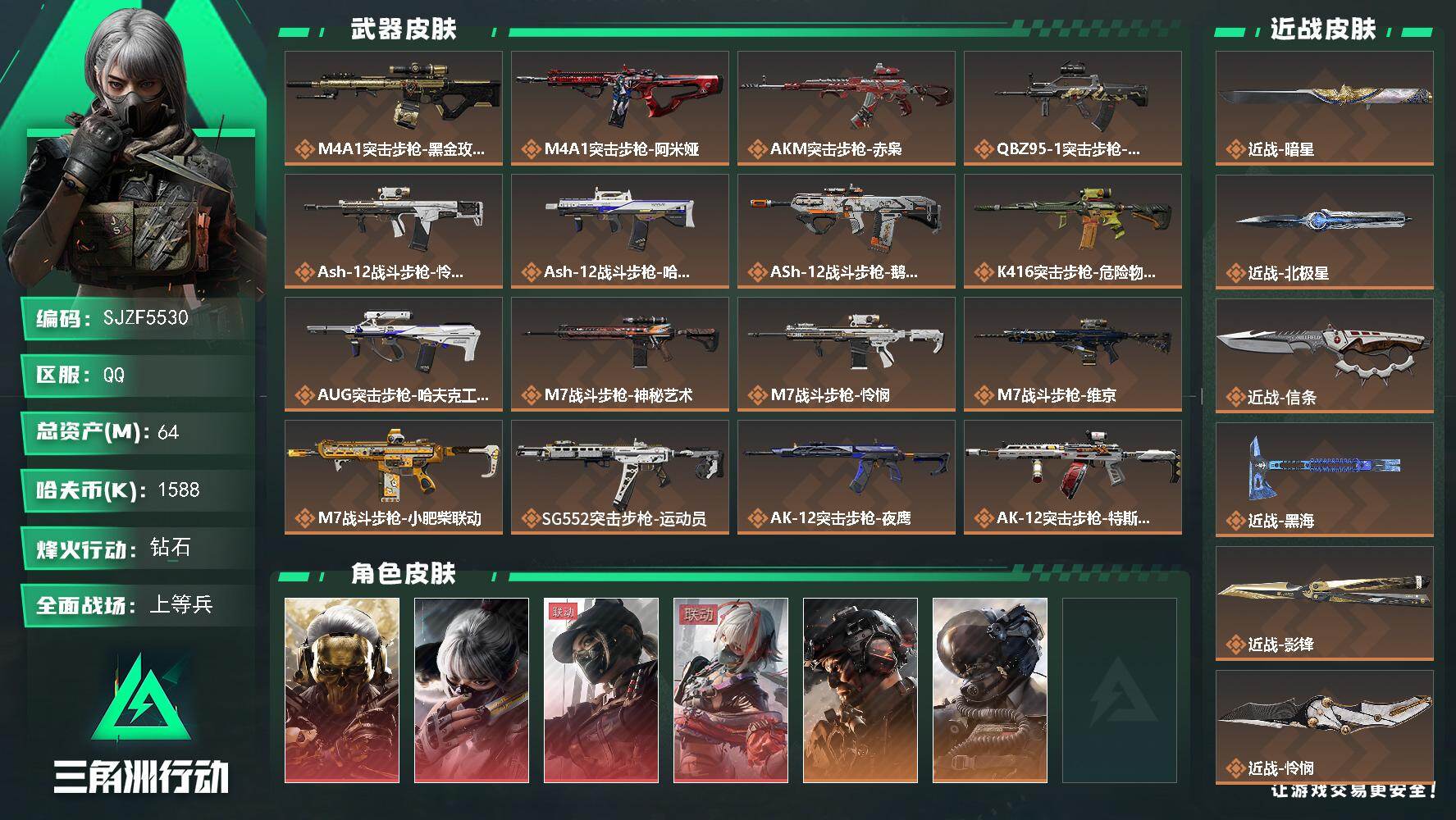 三角洲行动账号QQ【SJZF5530】总资产(M)：64M/哈夫币(K)：1588K/哈夫币(K)：1588K/传说枪