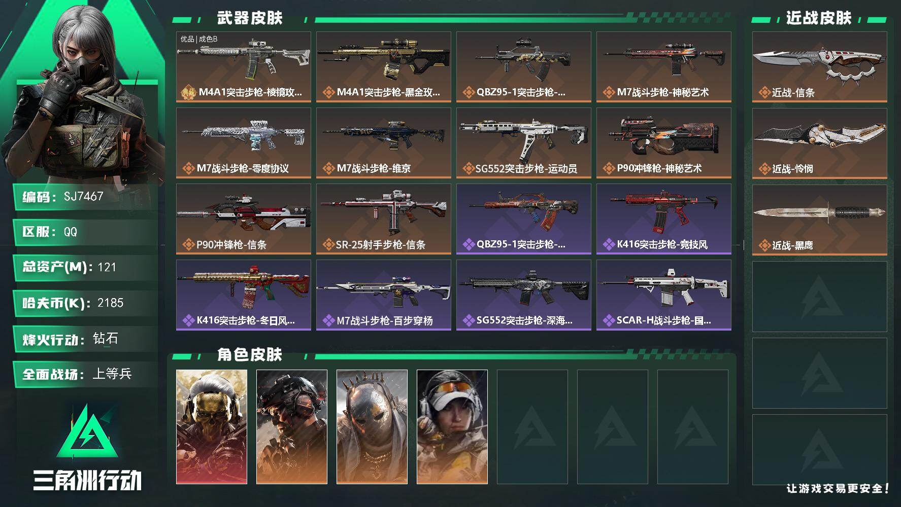 三角洲行动账号QQ【SJ7467】总资产(M)：121M/哈夫币(K)：2185K/哈夫币(K)：2185K/传说枪皮数：10/全面战场等级：30_段位：上等兵/烽火地带等级：60_段位：钻石/红狼-蚀金玫瑰/威龙-