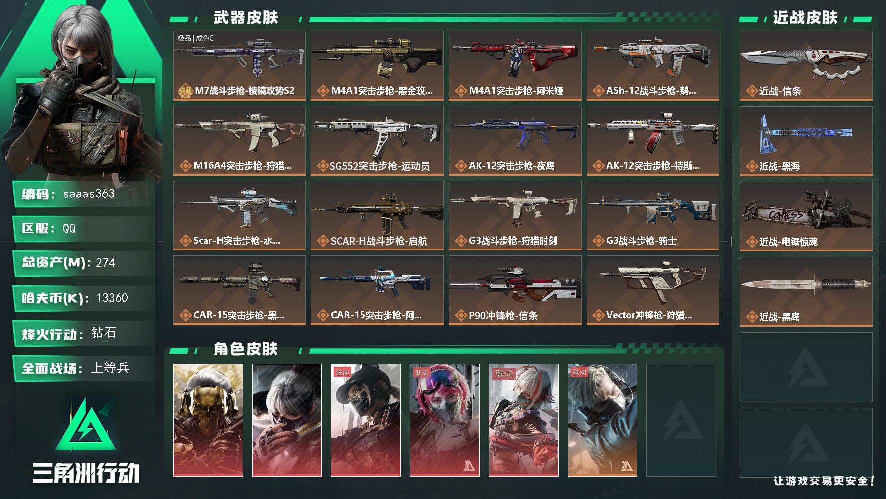 三角洲行动账号QQ274m总资产-13360k哈伏币-60烽火等级-钻石-47战场等级-上等兵
【干员外观】：红狼-蚀