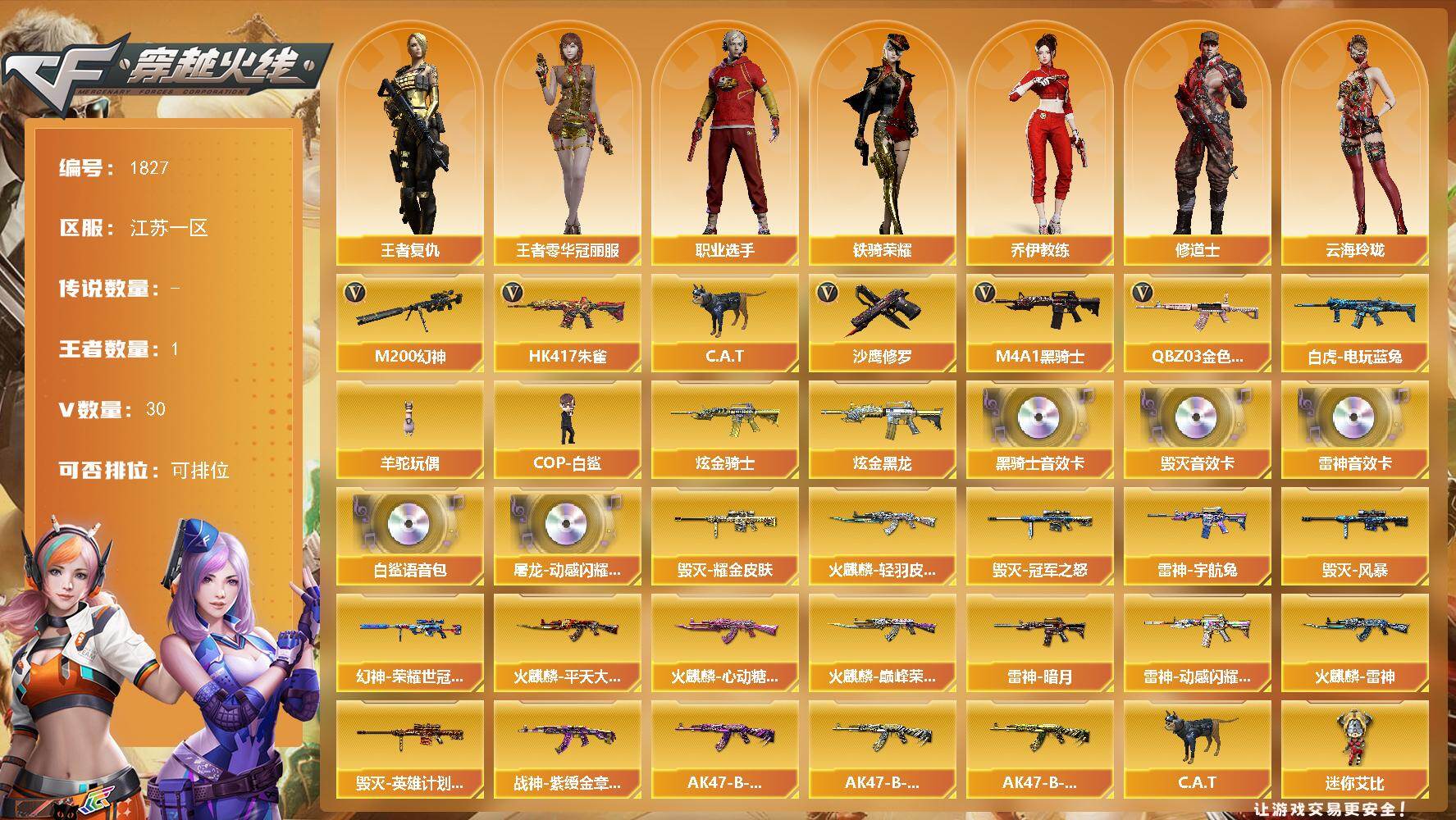 穿越火线账号东部战区江苏一区江苏一区-30V
【热门武器】：QBZ03-金色蔷薇，HK417-朱雀，M200-幻神，白虎-电玩蓝