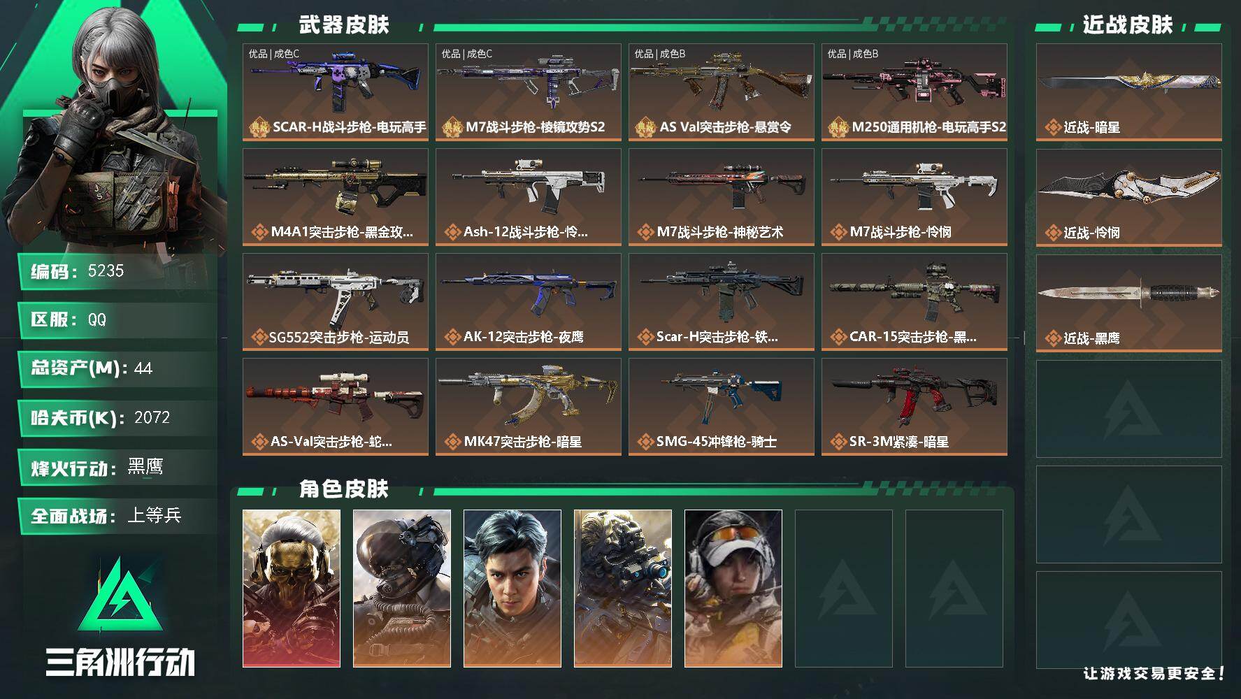 三角洲行动账号QQ总资产(M)：44M/哈夫币(K)：2072K/哈夫币(K)：2072K/传说枪皮数：19/全面战场