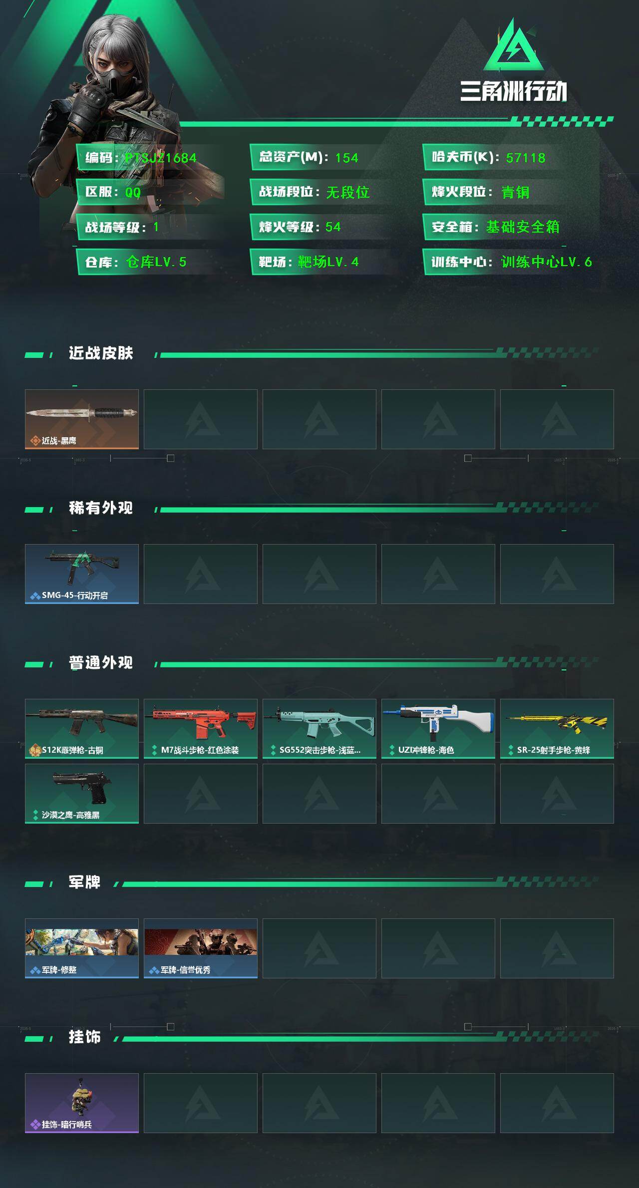 三角洲行动账号QQ【PTSJZ1684】总资产(M)：154M/哈夫币(K)：57118K/哈夫币(K)：57118K